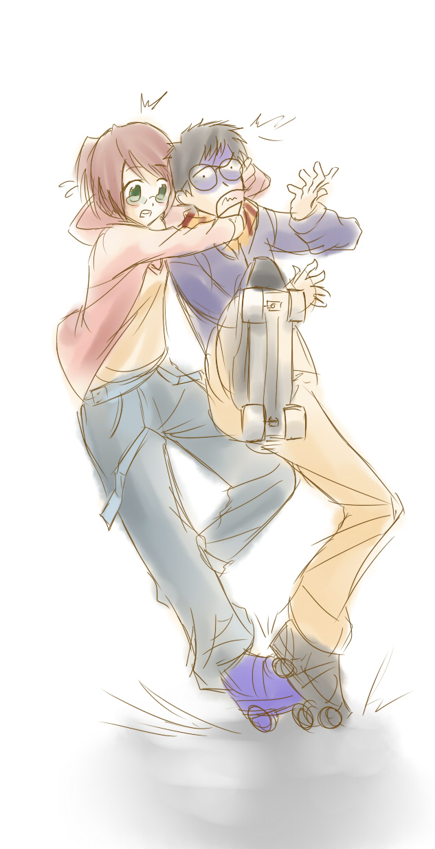 raide, setou kenji, shirakawa yuuko, katawa shoujo, highres, 10s, blush, glasses, round eyewear, scarf, skates, striped clothes, striped scarf