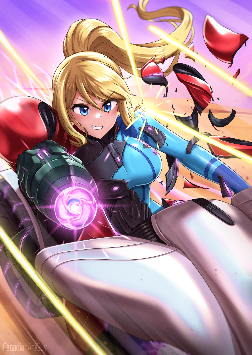 canadiananiguy, samus aran, metroid, metroid prime 4: beyond, nintendo, commentary, english commentary, highres, 1girl, arm cannon, armor, artist name, blonde hair, blue eyes, broken armor, driving, high ponytail, long hair, motor vehicle, motorcycle, on motorcycle, ponytail, power armor, power suit (metroid), smirk, vi-o-la, vi-o-la suit, weapon, zero suit