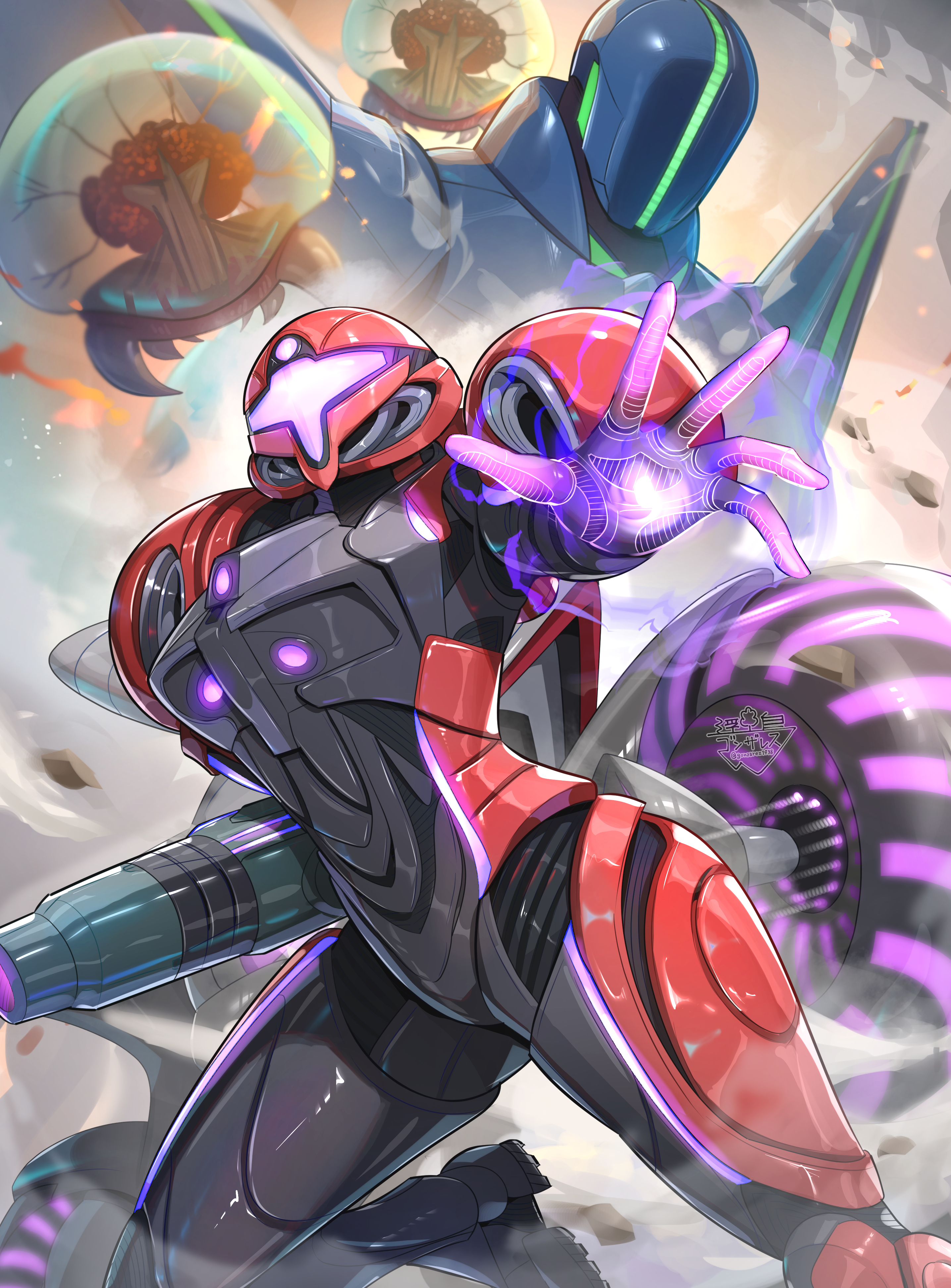 gonzarez, metroid (creature), mochtroid, samus aran, sylux (metroid), metroid, metroid prime 4: beyond, nintendo, absurdres, commentary request, highres, 1girl, arm cannon, armor, assault visor, cannon, full armor, green visor, helmet, neon trim, power armor, power suit (metroid), purple visor, science fiction, two-tone armor, vi-o-la, vi-o-la suit, weapon
