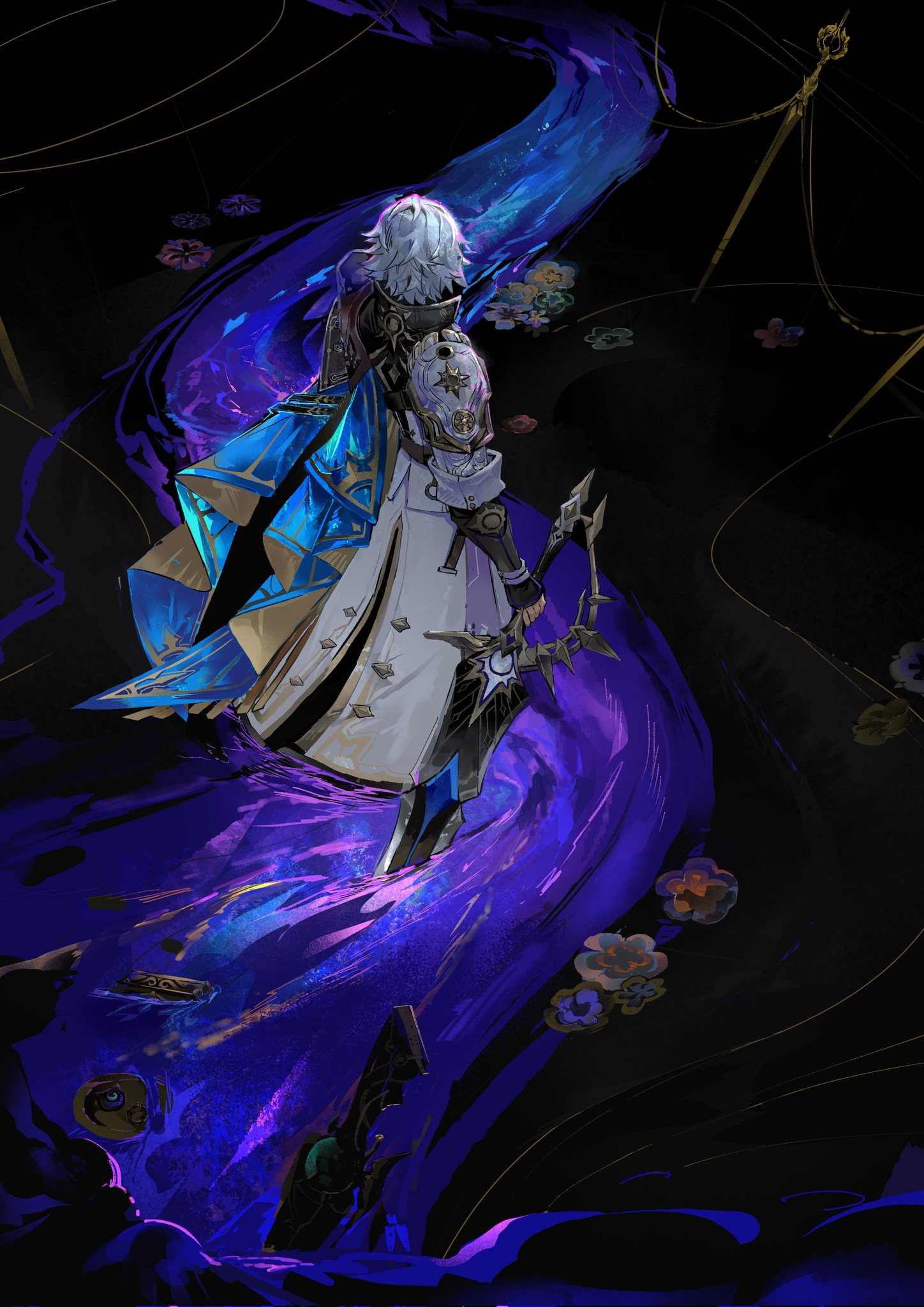 phainon (honkai: star rail), honkai: star rail, honkai (series), hashtag-only commentary, highres, 1boy, black gloves, black shirt, blue cape, cape, coat, fingerless gloves, flower, from above, gloves, holding, holding sword, holding weapon, male focus, ohagiwen, popped collar, shirt, side cape, sleeve cuffs, solo, sword, two-sided cape, two-sided fabric, walking, weapon, white coat