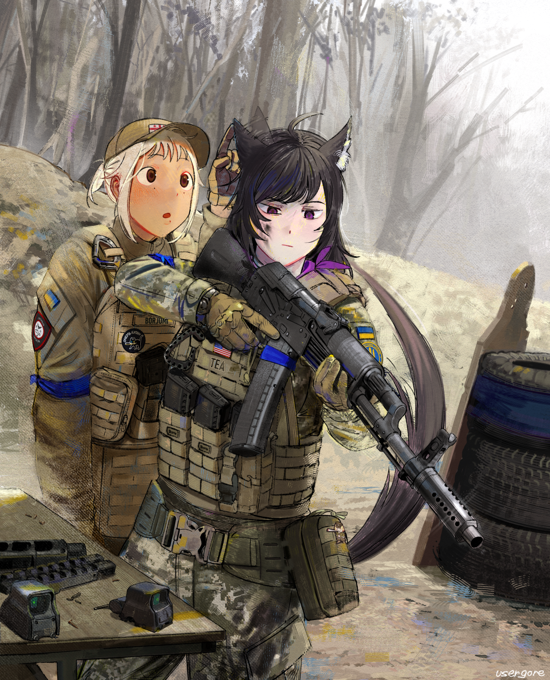 usergore, marichka, nika (usergore), original, commentary, english commentary, highres, 2girls, ak-74, animal ears, assault rifle, belt pouch, black hair, cat, cat ears, caucasian legion, gun, holding, holding gun, holding weapon, international legion of ukraine, kalashnikov rifle, long hair, military, military uniform, morale patch, multiple girls, outdoors, patch, pouch, rifle, russo-ukrainian war, scenery, shoulder patch, ukraine, ukrainian flag, unit patch, war, weapon