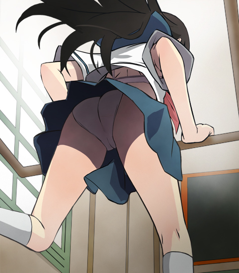 haruyama kazunori, kitsu chiri, sayonara zetsubou sensei, 00s, 1girl, armpit peek, ass, black hair, bra, cleft of venus, female focus, from below, lingerie, long hair, panties, pantyshot, perspective, rickshaw, school uniform, serafuku, solo, underwear, upskirt, white panties