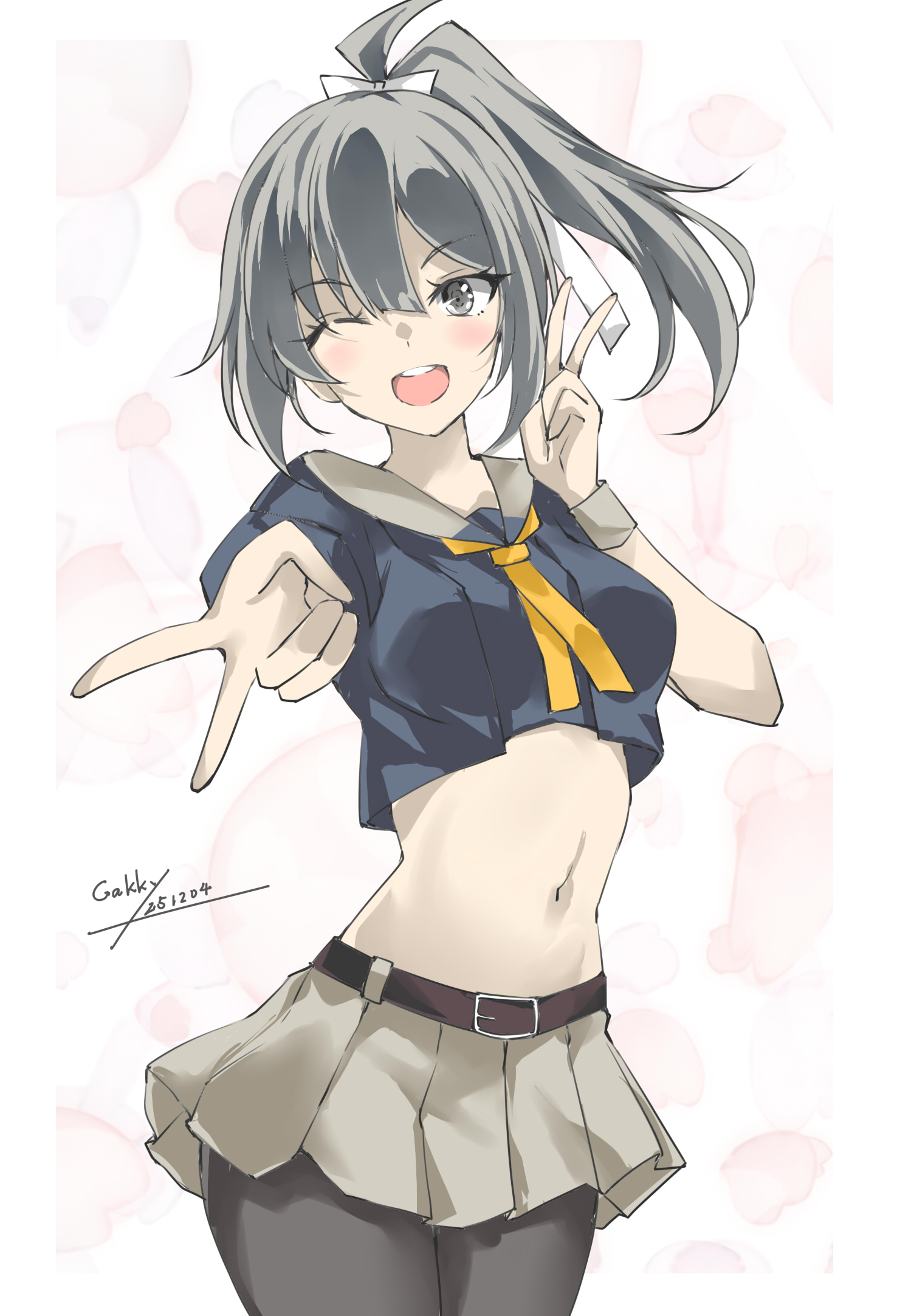 gakky, yuubari (kancolle), yuubari kai ni (kancolle), kantai collection, commentary request, highres, 1girl, artist name, black pantyhose, brown eyes, cowboy shot, dated, double v, green hair, grey sailor collar, grey skirt, hair ribbon, looking at viewer, navel, neckerchief, necktie, one-hour drawing challenge, one eye closed, orange neckerchief, orange necktie, pantyhose, pleated skirt, ponytail, ribbon, sailor collar, school uniform, serafuku, skirt, smile, solo, v, white background, white ribbon