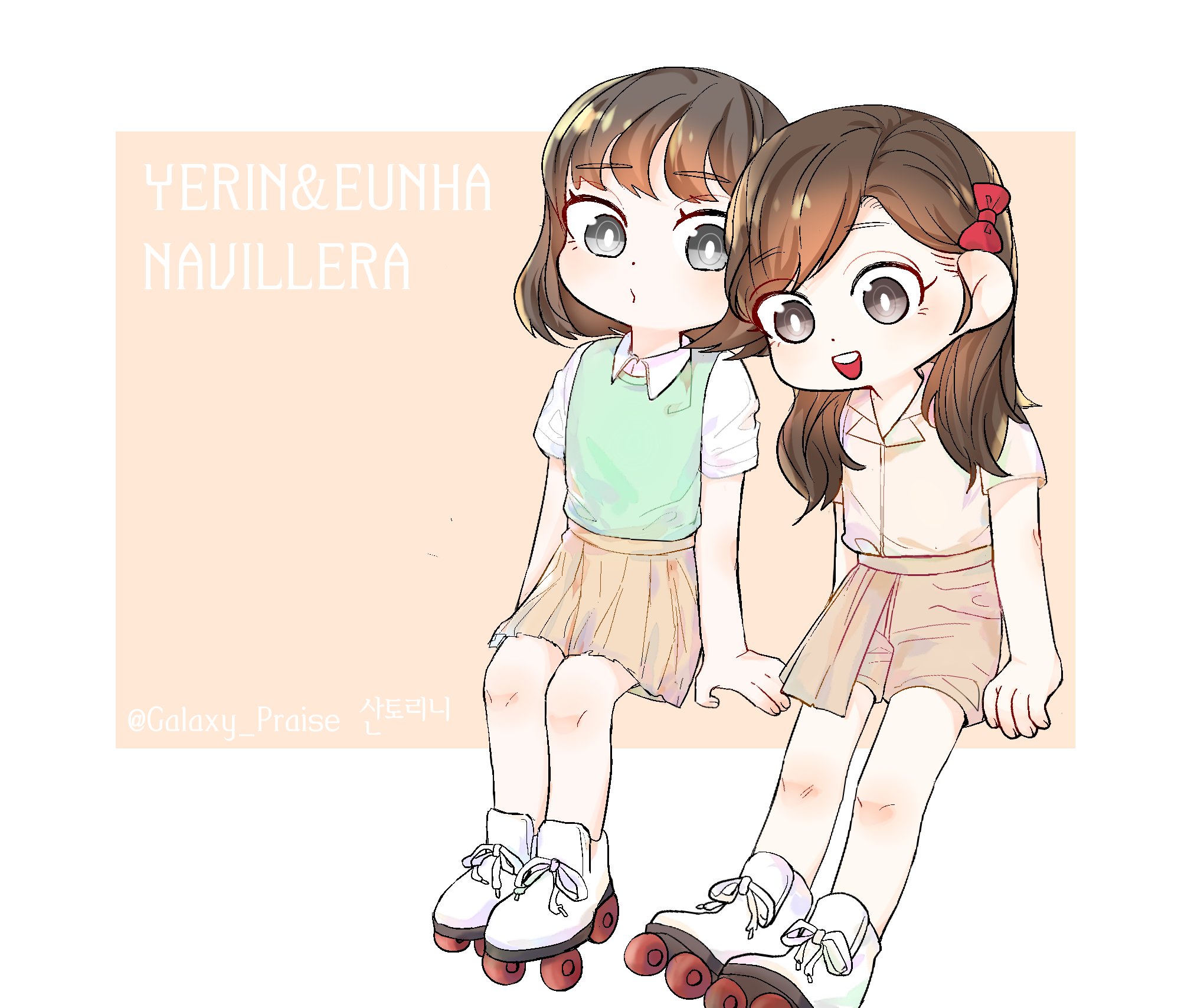galaxy praise, eunha (gfriend), yerin (gfriend), gfriend, commentary request, highres, korean commentary, 2girls, artist name (singer), bob cut, brown hair, long hair, multiple girls, purple skirt, roller skates, short sleeves, skates, skirt, smile, song name, twitter username