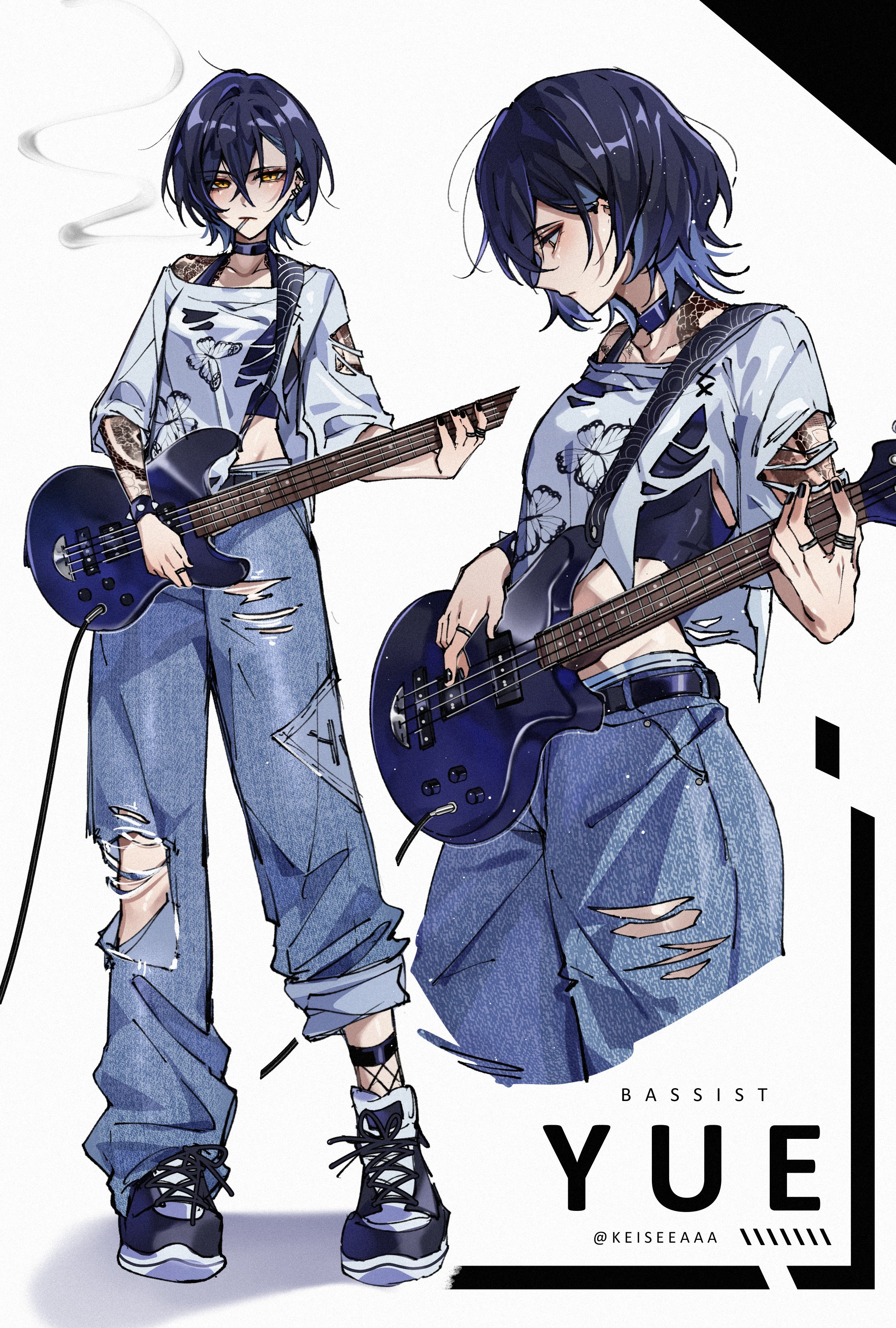 keisea, yue (keisea), original, absurdres, commentary, english commentary, highres, 1girl, animal print, arm tattoo, asymmetrical legwear, baggy pants, bass guitar, belt, black nails, blue choker, blue hair, blue pants, blue shirt, blue tank top, bracelet, breasts, butterfly print, cable, character name, choker, cigarette, cropped legs, crossed bangs, ear piercing, fishnet socks, fishnets, full body, guitar strap, hair between eyes, holding, holding bass guitar, holding instrument, instrument, jewelry, multiple rings, multiple views, music, neck tattoo, pants, pants rolled up, piercing, playing bass guitar, playing instrument, print shirt, ring, shirt, shoes, short hair, single bare shoulder, single off shoulder, small breasts, smoking, snake tattoo, sneakers, socks, spiked bracelet, spikes, standing, t-shirt, tank top, tattoo, torn clothes, torn shirt, twitter username, white background, wolf cut, yellow eyes