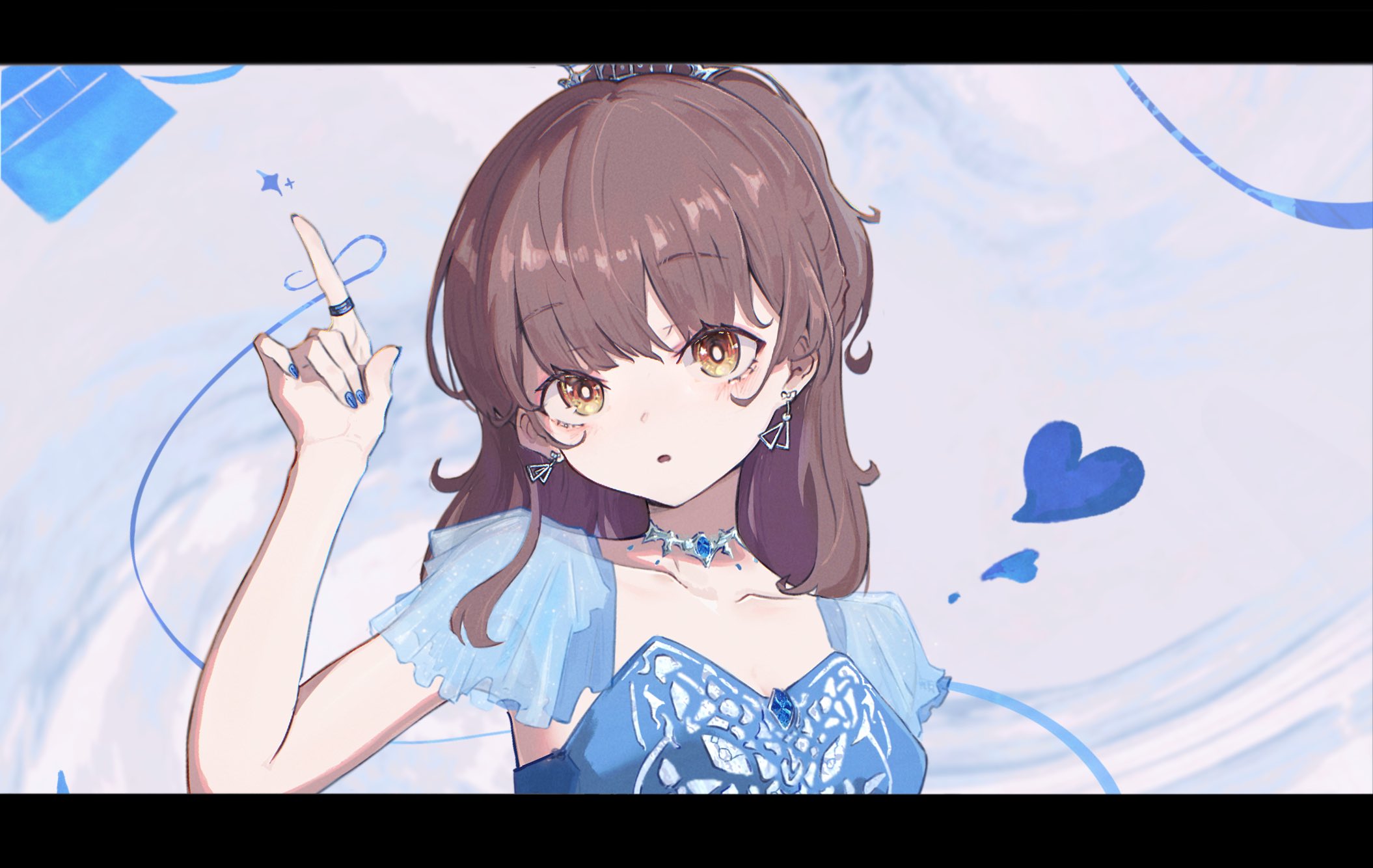 simuyutou, bibbidiba (hololive), real life, commentary request, highres, 1girl, akina (voice actor), bare arms, blue dress, blue gemstone, blue nails, blue ribbon, breasts, brown eyes, brown hair, choker, collarbone, dress, earrings, gem, hand up, heart, index finger raised, jewelry, letterboxed, long hair, looking at viewer, nail polish, parted lips, ribbon, ring, see-through clothes, see-through sleeves, short sleeves, silver choker, small breasts, solo, tareme, tiara, triangle earrings, upper body