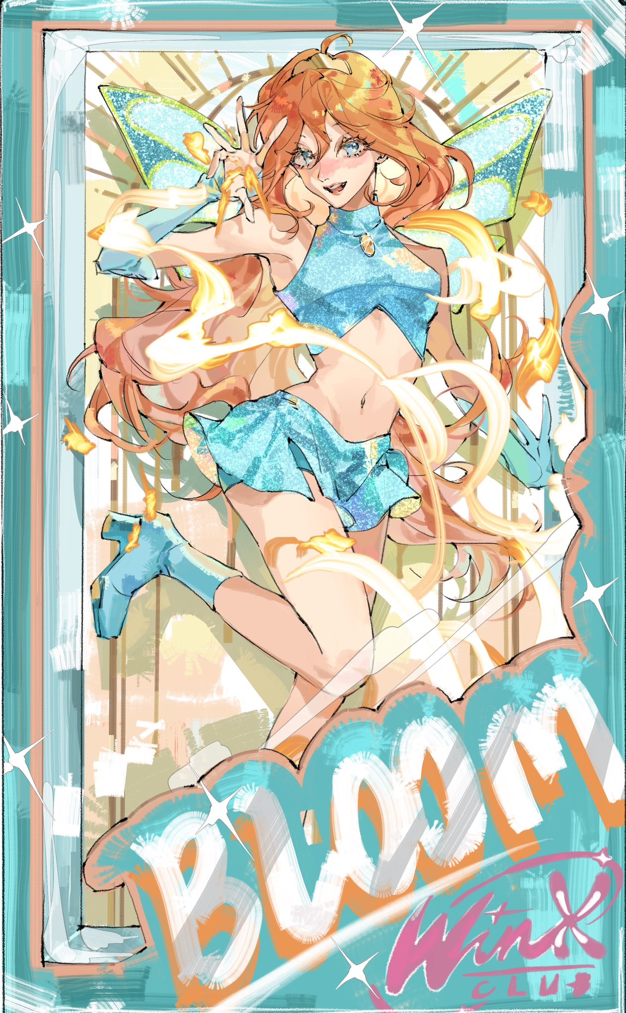 realemonade, bloom (winx club), winx club, commentary, highres, 1girl, blue boots, blue eyes, blue skirt, boots, character name, copyright name, fairy, full body, hair between eyes, long hair, looking at viewer, magical girl, midriff, navel, orange hair, skirt, solo, sparkle, turtleneck, wings