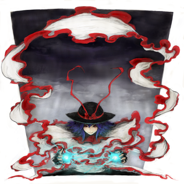 amagaya (rat-tat-tat), nagae iku, touhou, bad id, bad pixiv id, 1girl, cloud, female focus, hat, lightning, purple hair, red eyes, ribbon, short hair, sky, smile, solo