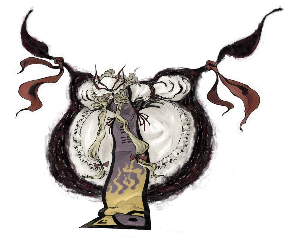 amagaya (rat-tat-tat), yakumo yukari, touhou, bad id, bad pixiv id, 1girl, female focus, gap (touhou), hair over eyes, smile, solo