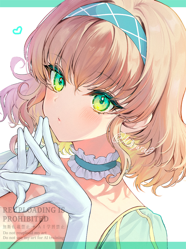 shuragyoku mami, natalia luzu kimlasca lanvaldear, tales of (series), tales of the abyss, commentary request, 1girl, blonde hair, blue choker, blue dress, blue hairband, blush, breasts, choker, cleavage, closed mouth, collarbone, dress, frilled choker, frills, gloves, green eyes, hair between eyes, hairband, heart, medium breasts, own hands together, short hair, sidelocks, solo, upper body, watermark, white gloves