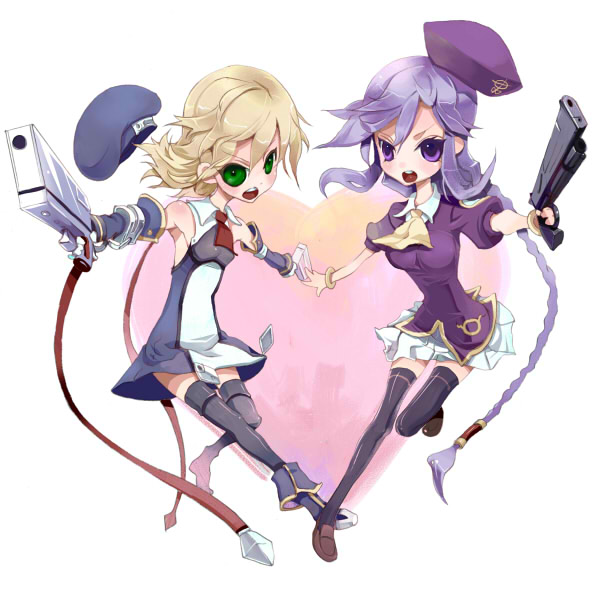 nekoda, nekoda kuro, noel vermillion, sion eltnam (type-moon), sion eltnam atlasia, arc system works, blazblue, melty blood, tsukihime, blue footwear, 00s, 2girls, beret, blonde hair, boots, braid, crossover, dress, green eyes, gun, hat, heart, look-alike, miniskirt, multiple girls, open mouth, purple eyes, purple hair, single braid, skirt, thighhighs, weapon, zettai ryouiki