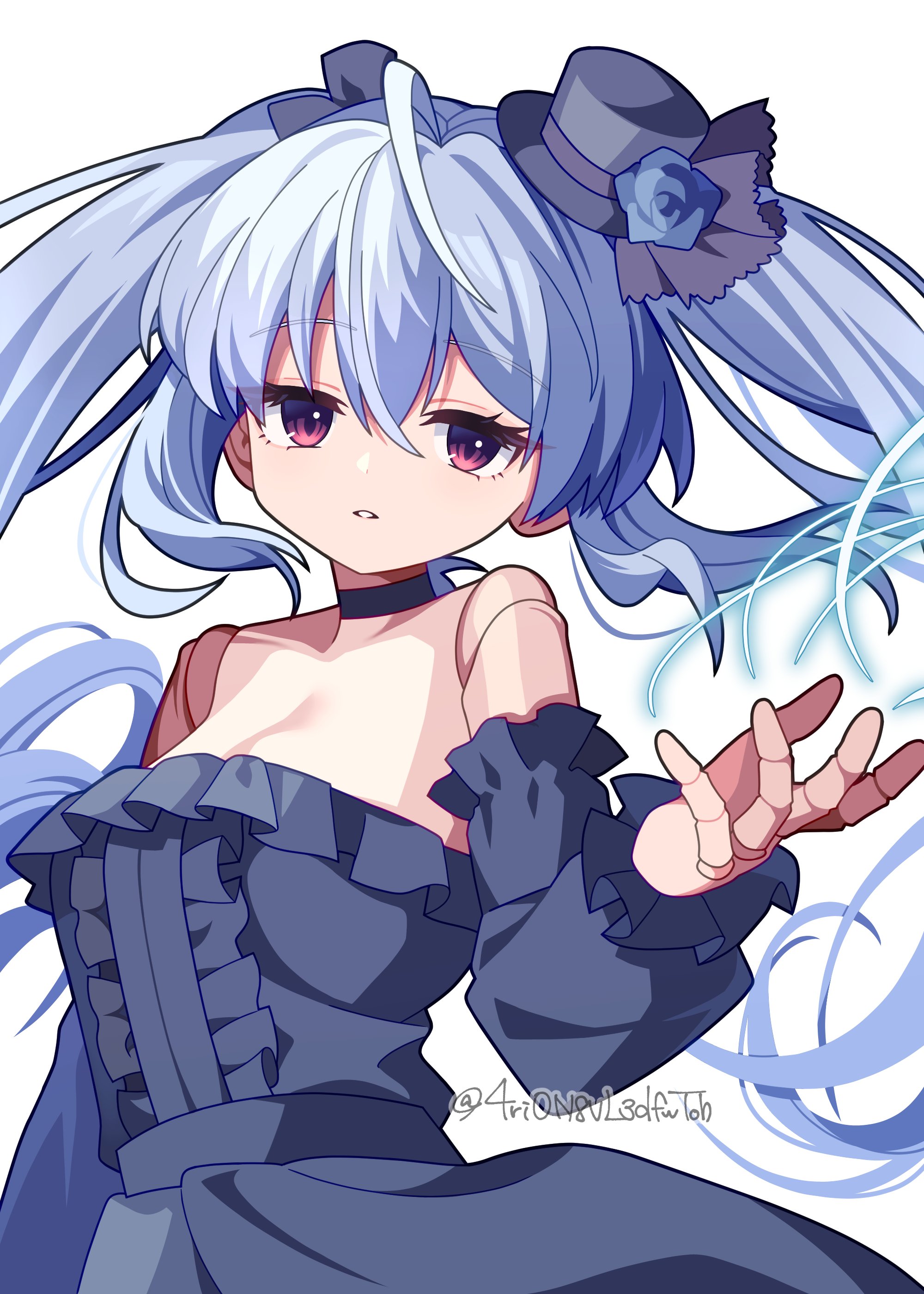4rion, orchis, shadowverse, shadowverse: worlds beyond, absurdres, commentary, highres, 1girl, ahoge, bare shoulders, black bow, black choker, black dress, black hat, bow, breasts, center frills, choker, cowboy shot, doll, doll joints, dress, eyelashes, floating hair, frilled dress, frills, grey hair, hair bow, hand up, hat, joints, long hair, miniskirt, parted lips, red eyes, sidelocks, skirt, small breasts, solo, strapless, strapless dress, top hat, twintails, twitter username, very long hair