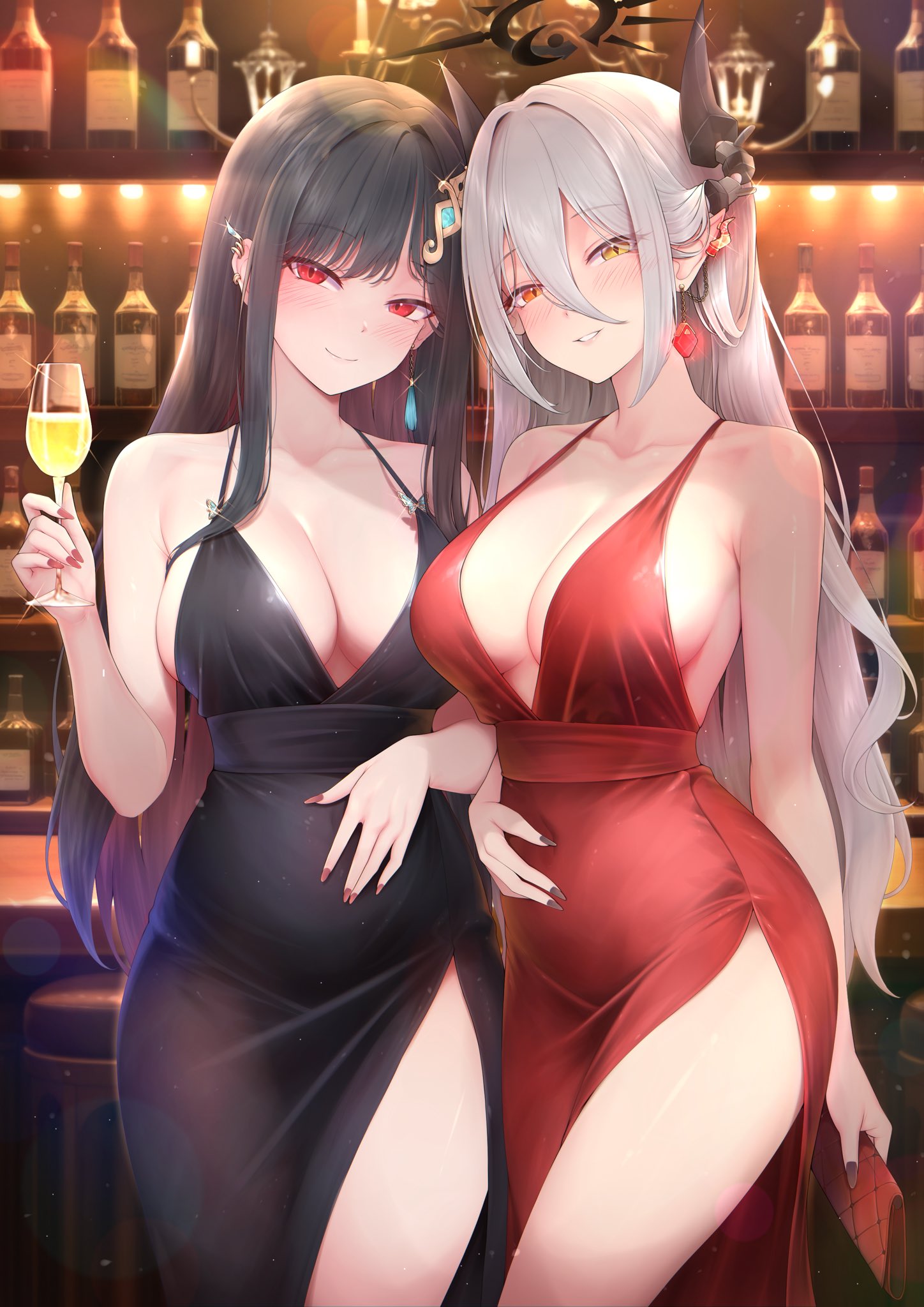 nikuku (kazedesune), itsuki (meridian project), sachi (meridian project), meridian project, commentary request, commission, highres, second-party source, 2girls, alcohol, bar (place), bare shoulders, black dress, black hair, black halo, black nails, blush, bottle, breasts, butterfly ornament, center opening, chair, cleavage, closed mouth, collarbone, colored inner hair, cup, dress, drinking glass, earrings, evening gown, glint, gradient hair, hair between eyes, hair ornament, halo, hand on own stomach, hand up, head tilt, heterochromia, holding, holding cup, holding wallet, horns, jewelry, large breasts, long hair, long hair between eyes, multicolored hair, multiple girls, nail polish, parted lips, red dress, red eyes, red hair, red nails, side slit, sideboob, sidelocks, smile, standing, stool, table, thighs, very long hair, virtual youtuber, wallet, white hair, wine bottle, wine glass, yellow eyes