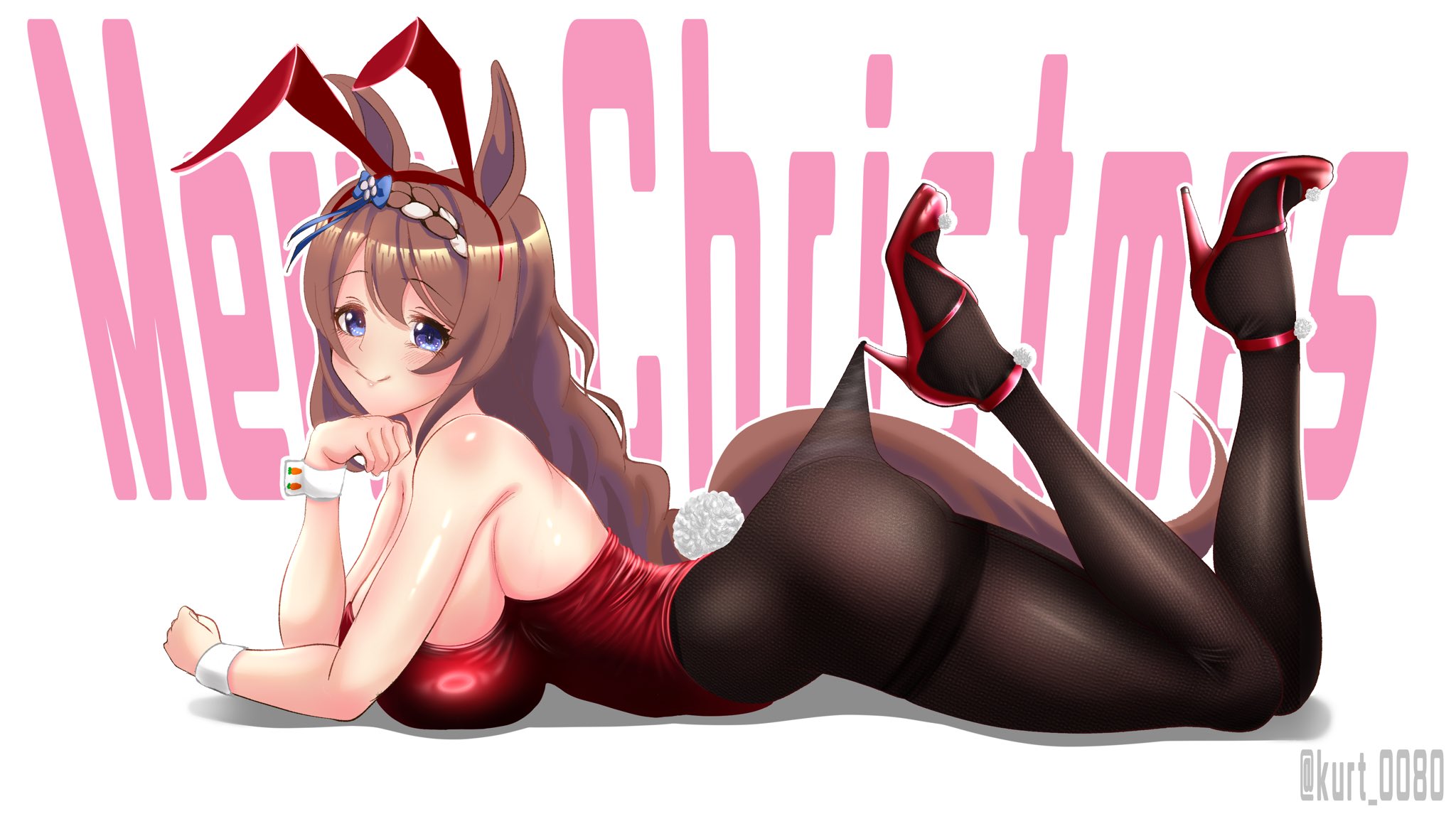 pocotas, super creek (umamusume), umamusume, commentary request, highres, 1girl, animal ears, blue eyes, braid, braided ponytail, breasts, brown hair, brown pantyhose, christmas, clothes pull, english text, fake animal ears, from side, full body, hair between eyes, head rest, high heels, highleg, highleg leotard, horse ears, horse girl, horse tail, lace pantyhose hooked on heel (meme), large breasts, legs up, leotard, long hair, looking at viewer, low-tied long hair, lying, meme, multicolored hair, on stomach, outline, pantyhose, pantyhose pull, playboy bunny, rabbit ears, rabbit tail, sideboob, smile, solo, strapless, strapless leotard, streaked hair, tail, the pose, thighband pantyhose, very long hair, white background, white hair, white outline, wrist cuffs