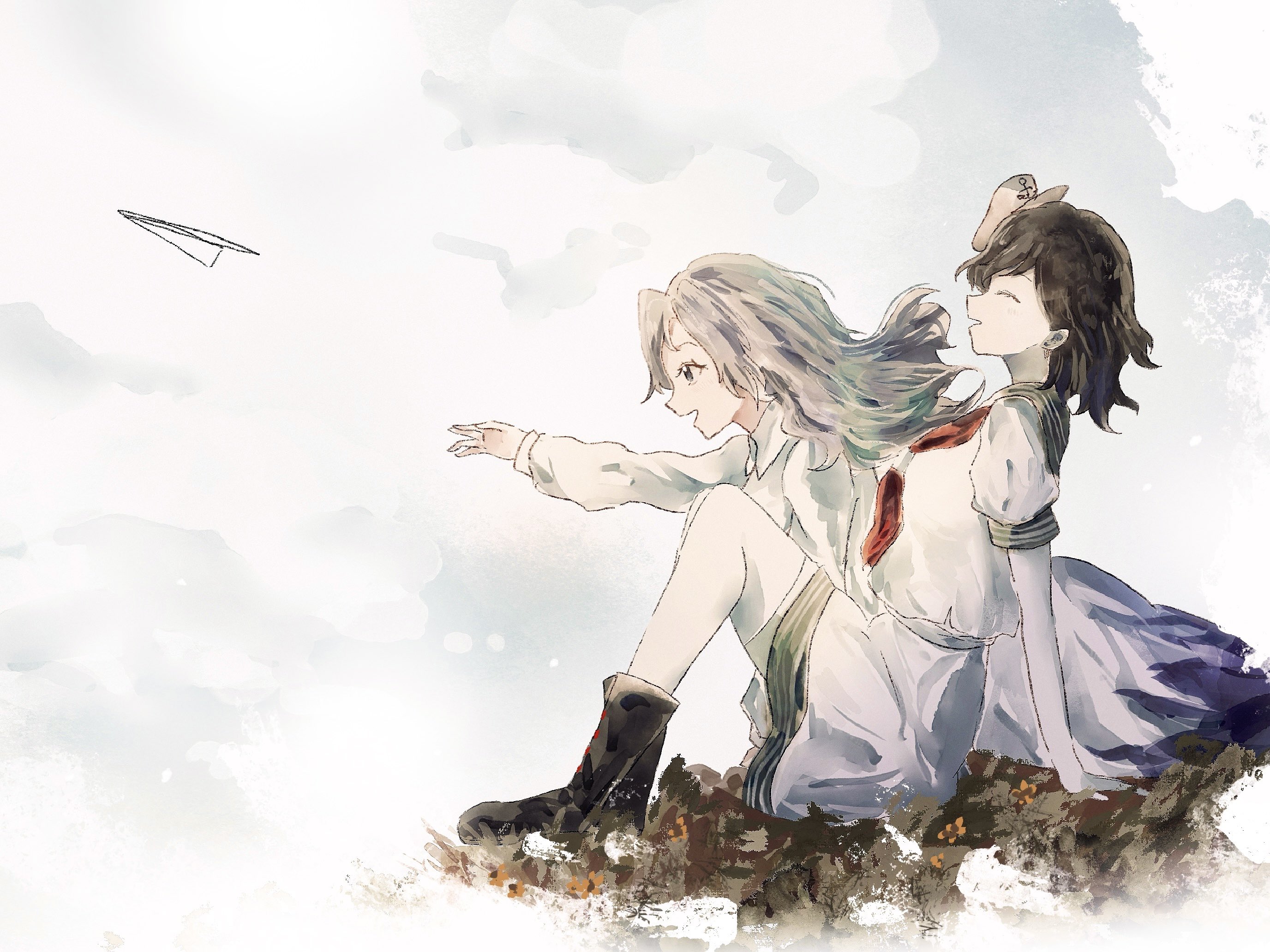 mitsusame, kumoi ichirin, murasa minamitsu, touhou, commentary request, highres, 2girls, anchor symbol, black boots, black hair, boots, closed eyes, cloud, dress, grey eyes, grey hair, hat, long hair, long sleeves, mini hat, multiple girls, neckerchief, open mouth, outstretched arm, paper airplane, red neckerchief, sailor hat, shirt, short hair, short sleeves, shorts, sitting, socks, thighhighs, white dress, white hat, white shirt, white shorts, white socks