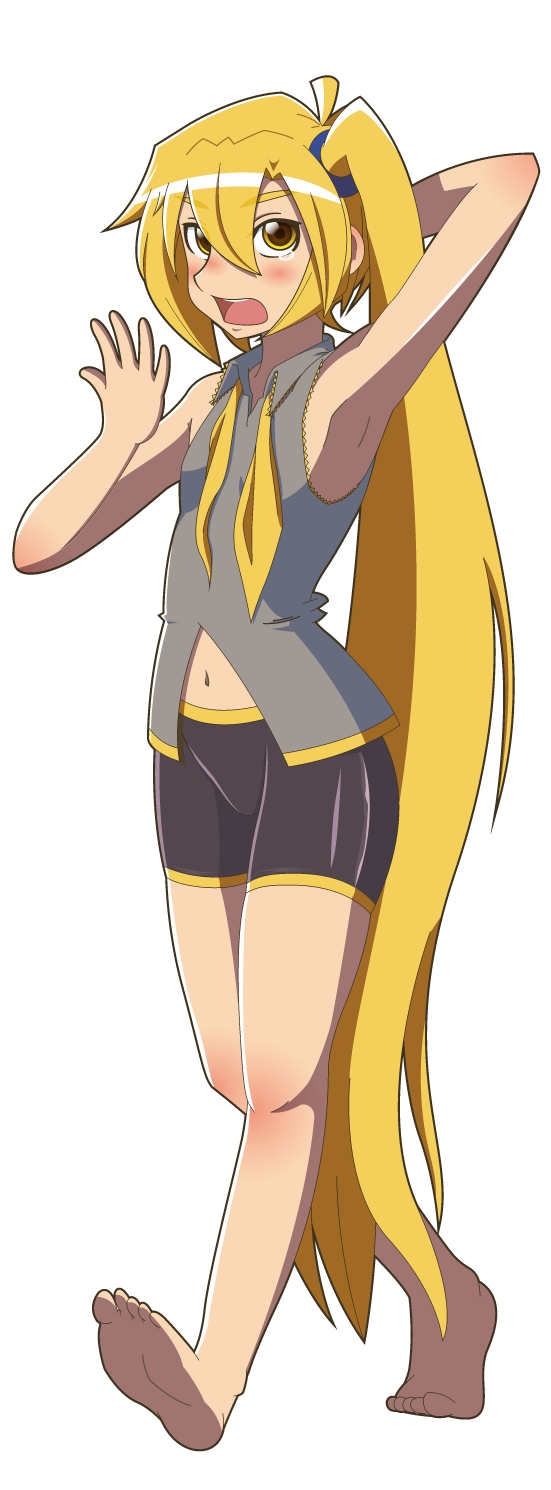 smith hioka, akita neru, vocaloid, highres, 1girl, armpits, barefoot, blonde hair, feet, female focus, long hair, navel, necktie, side ponytail, sleepy, soles, solo, teardrop, tears, toes, undone necktie, undone tie, very long hair, yawning, yellow eyes