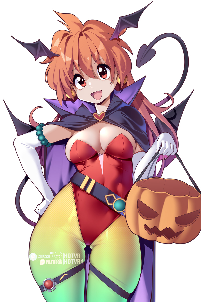 hot vr, lina inverse, slayers, commentary, commission, english commentary, highres, 1girl, :d, alternate costume, bat wings, black wings, breasts, bucket, cape, cleavage, demon tail, elbow gloves, fang, gloves, green pantyhose, halloween, head wings, holding, holding bucket, jack-o'-lantern, leotard, long hair, looking at viewer, medium breasts, open mouth, orange hair, pantyhose, patreon username, purple cape, red eyes, red leotard, simple background, smile, solo, subscribestar username, tail, white background, white gloves, wings