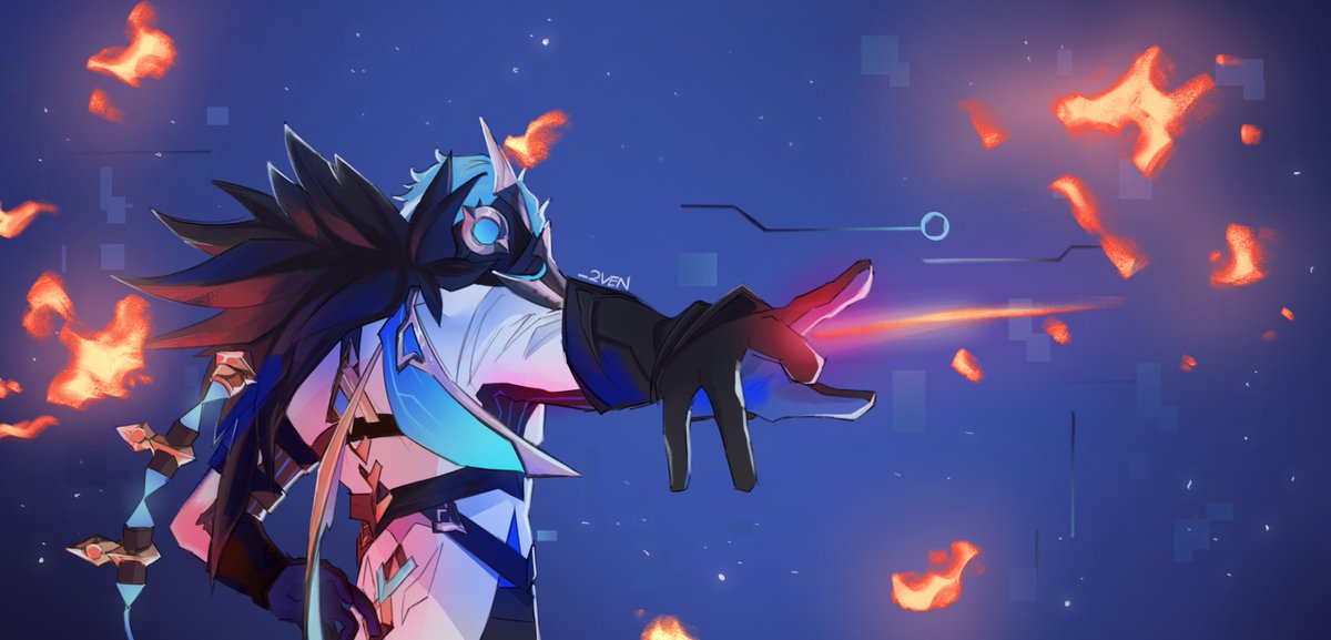 dottore (genshin impact), genshin impact, commentary, english commentary, 1boy, 2ven, back, blue hair, feathers, fire, glitch, gloves, sky, wings