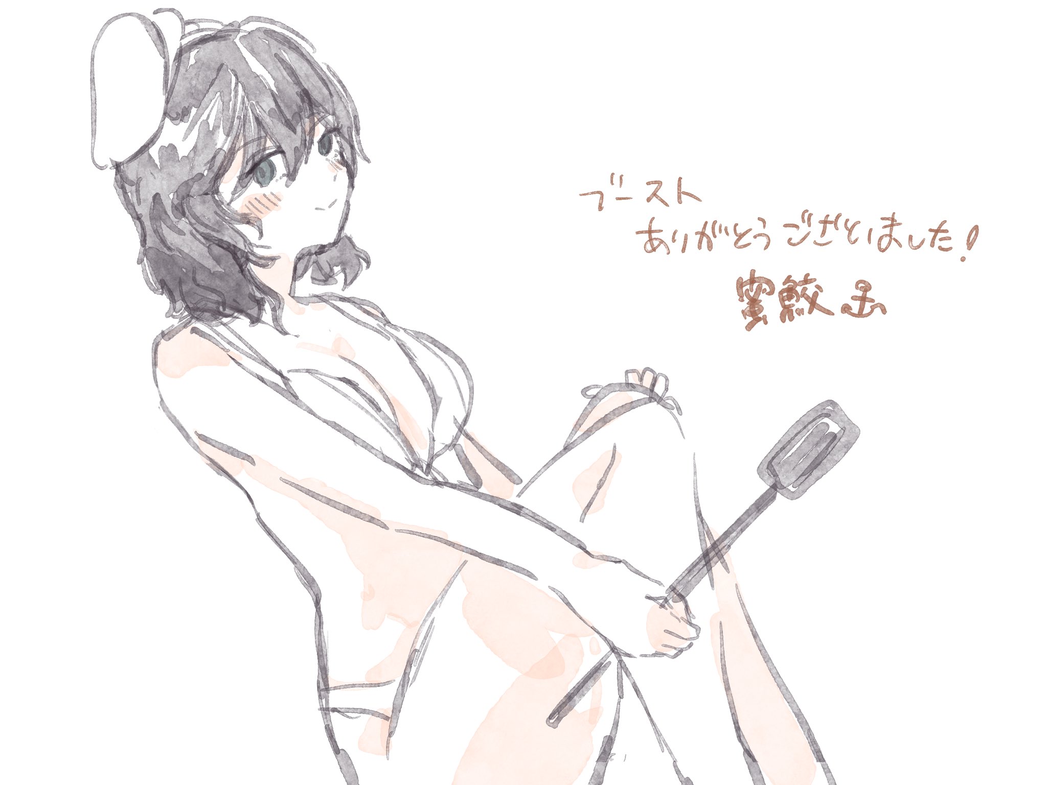 mitsusame, murasa minamitsu, touhou, commentary request, highres, 1girl, bikini, black hair, blush, breasts, cleavage, green eyes, hat, holding, holding ladle, knees up, ladle, large breasts, looking at viewer, mini hat, short hair, simple background, sketch, smile, solo, swimsuit, white background, white bikini, white hat