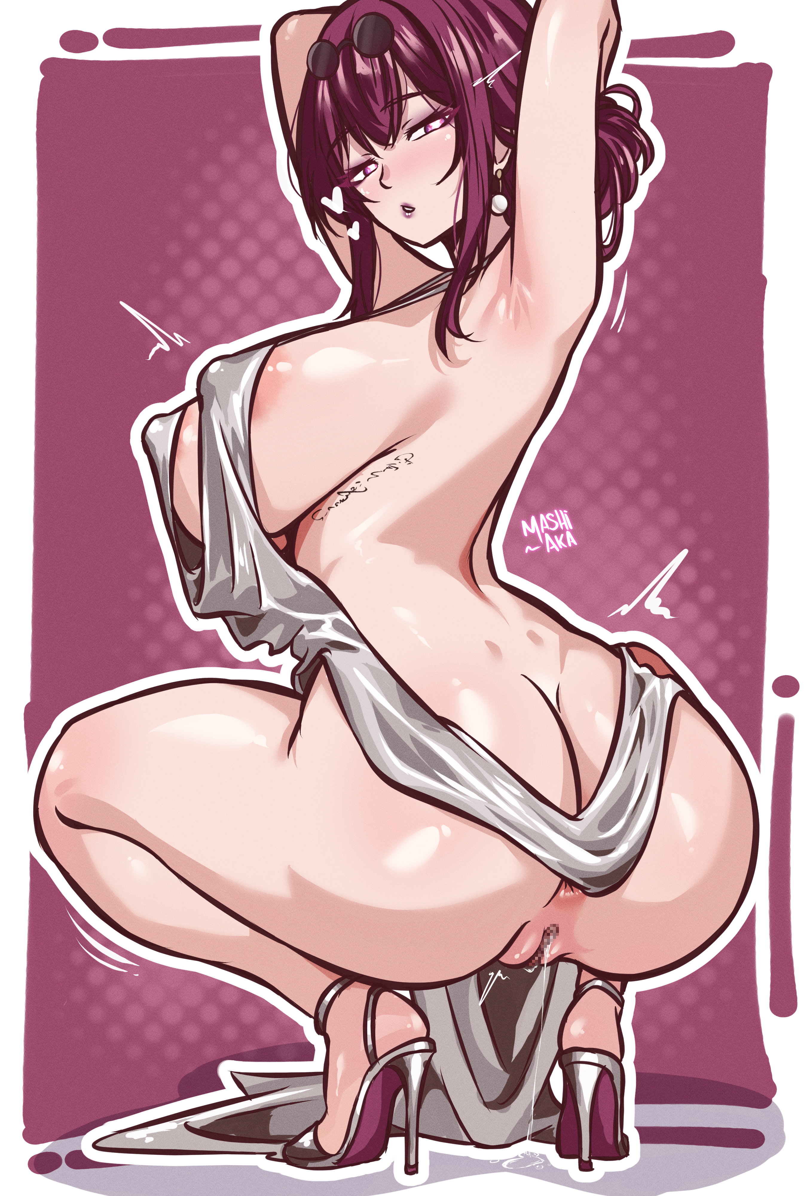 mashiaka, kafka (honkai: star rail), honkai: star rail, honkai (series), absurdres, commentary, highres, 1girl, anus, anus peek, areola slip, armpits, arms behind head, arms up, ass, border, breasts, chest tattoo, covered erect nipples, double-parted bangs, dress, earrings, eyewear on head, from behind, full body, heart, high heels, jewelry, large breasts, looking at viewer, looking back, medium hair, outside border, parted lips, purple background, purple eyes, purple hair, pussy, pussy juice, pussy juice puddle, pussy juice trail, round eyewear, shoes, sidelocks, silver dress, silver shoes, sleeveless, sleeveless dress, solo, squatting, strappy heels, sunglasses, tattoo, twitching, white border