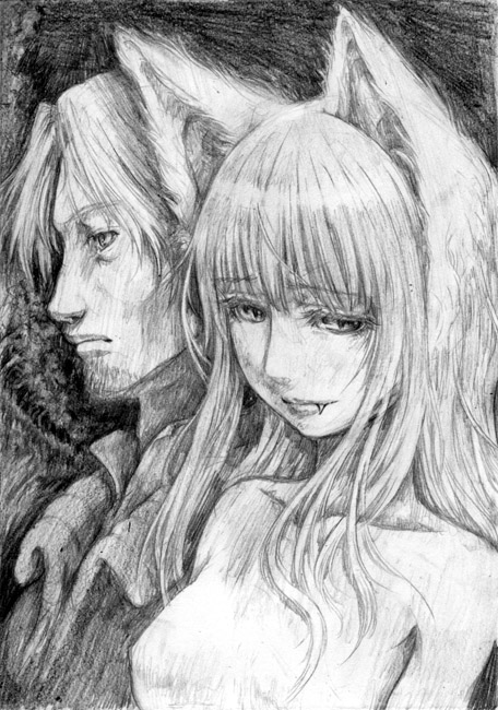 katzeh, craft lawrence, holo, spice and wolf, traditional media, 00s, 1boy, 1girl, animal ears, clothed male nude female, fang, greyscale, monochrome, nude, wolf ears