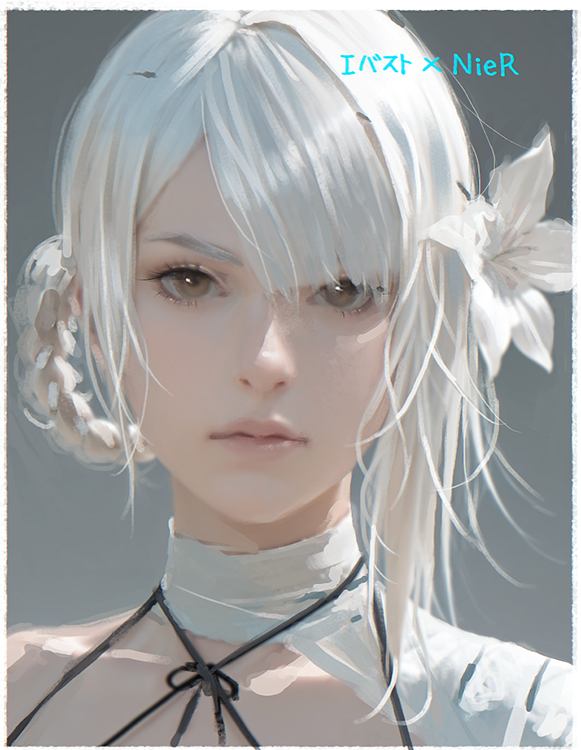 d.k, kaine (nier), nier (series), commentary request, 1girl, bandaged arm, bandaged neck, bandages, blunt bangs, border, braid, braided hair rings, brown hair, closed mouth, copyright name, flower, grey background, hair flower, hair ornament, hair rings, looking at viewer, parted bangs, single bare shoulder, solo, upper body, white border, white flower, white hair