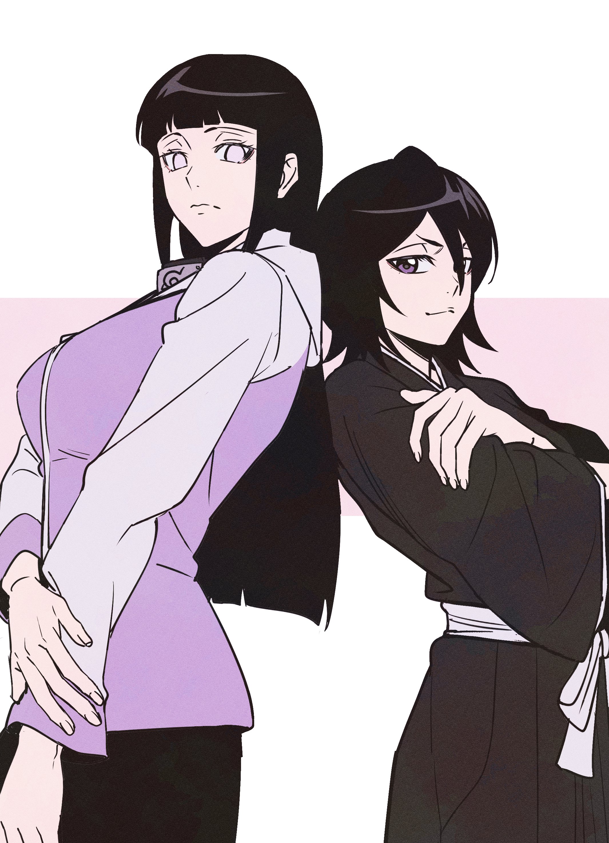 n (nauki 11), hyuuga hinata, kuchiki rukia, bleach, naruto (series), naruto shippuuden, highres, 2girls, black hair, breasts, closed mouth, crossed arms, crossover, jacket, japanese clothes, long hair, looking at viewer, medium hair, multiple girls, shihakusho, simple background, small breasts, standing, white background