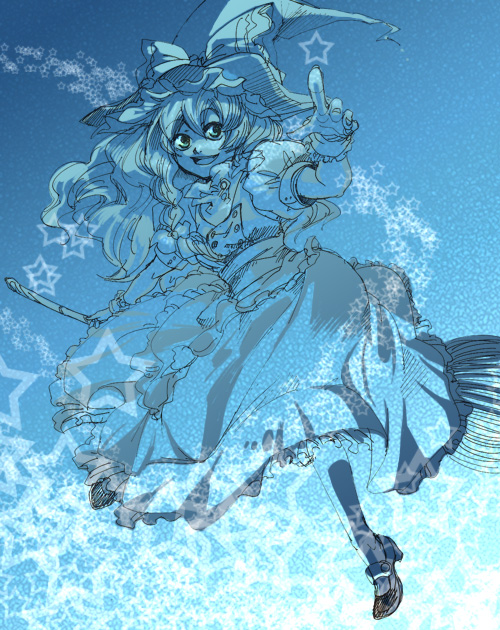 e-boris, shibe362, kirisame marisa, touhou, bad id, bad pixiv id, 1girl, blue theme, broom, female focus, monochrome, pointing, solo, star (symbol)