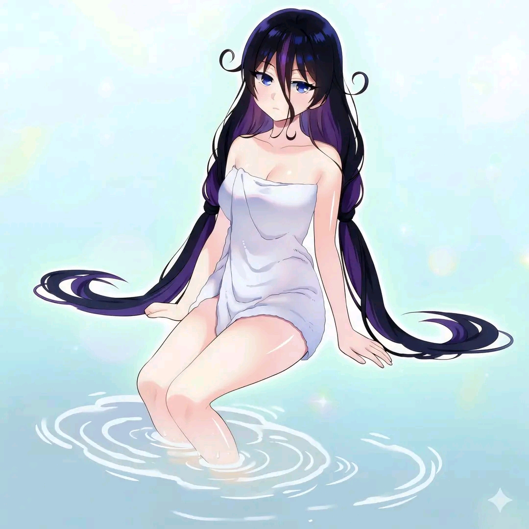 chyko, lucia rogier, nageki no bourei wa intaishitai, highres, official art, 1girl, bare shoulders, black hair, blue eyes, breasts, cleavage, collarbone, colored inner hair, female focus, large breasts, legs, long hair, looking at viewer, multicolored hair, naked towel, purple hair, purple streaks, sexually suggestive, solo, solo focus, streaked hair, thighs, towel, twintails, two-tone hair, very long hair, water
