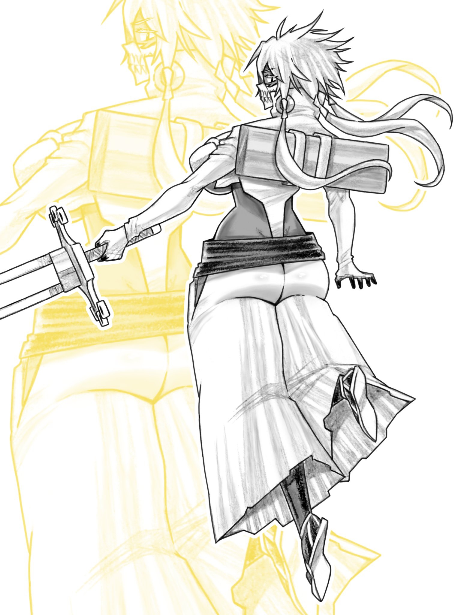 01leteo, tier harribel, bleach, highres, 1girl, breasts, cropped jacket, espada, female focus, full body, holding, holding sword, holding weapon, hollow mask, large breasts, looking back, mask, medium hair, simple background, sword, underboob, weapon, white background