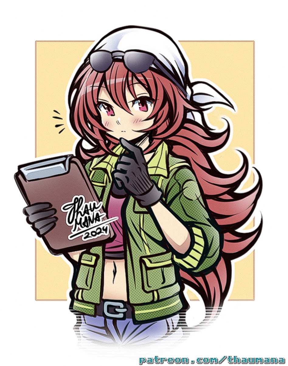 thaumana, jingo (eiyuu densetsu), eiyuu densetsu, sen no kiseki (series), commentary, english commentary, highres, 1girl, artist name, bandana, belt, black gloves, blush, eyewear on head, gloves, green jacket, headscarf, jacket, long hair, navel, red hair, short shorts, shorts, simple background, sunglasses, white headscarf