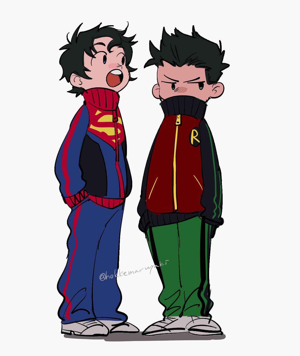 hokkemaruyaki, damian wayne, jonathan kent, batman (series), dc comics, super sons, superman (series), highres, 2boys, black hair, green pants, hands in pockets, jacket, jitome, looking to the side, male focus, multiple boys, open mouth, pants, shoes, short hair, sideways glance, simple background, sleeves past wrists, sneakers, standing, striped clothes, striped pants, superman logo, teeth, track pants, twitter username, upper teeth only, v-shaped eyebrows, vertical-striped clothes, vertical-striped pants, white background, white shoes, zipper, zipper pull tab