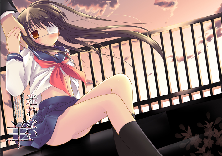 natsume eri, 1girl, eyepatch, female focus, long hair, school uniform, sitting, solo