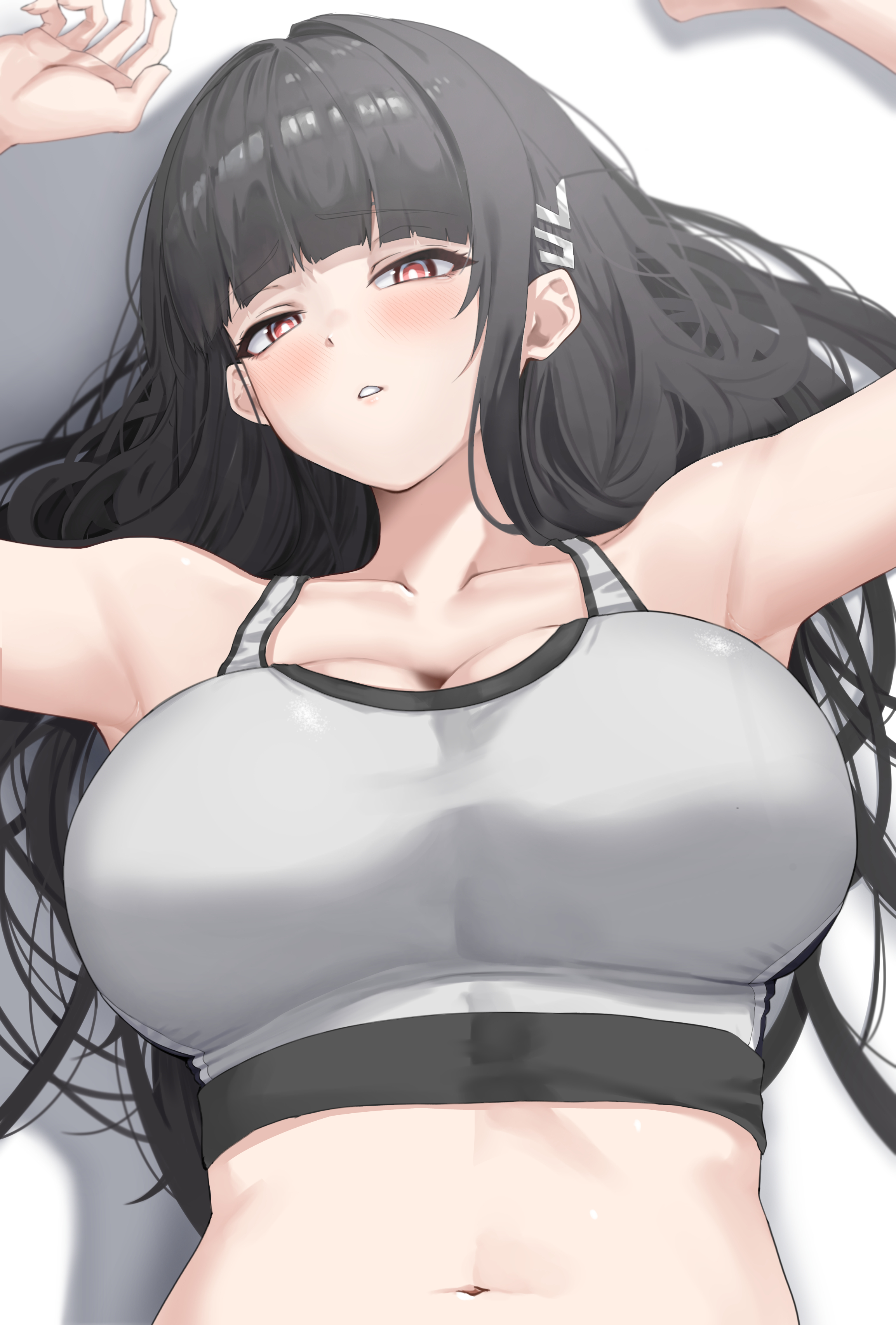 adult aongly, rio (blue archive), blue archive, absurdres, commentary, highres, 1girl, arm up, armpits, bare shoulders, black hair, blush, breasts, grey sports bra, hair behind ear, large breasts, long hair, looking at viewer, red eyes, solo, sports bra, very long hair