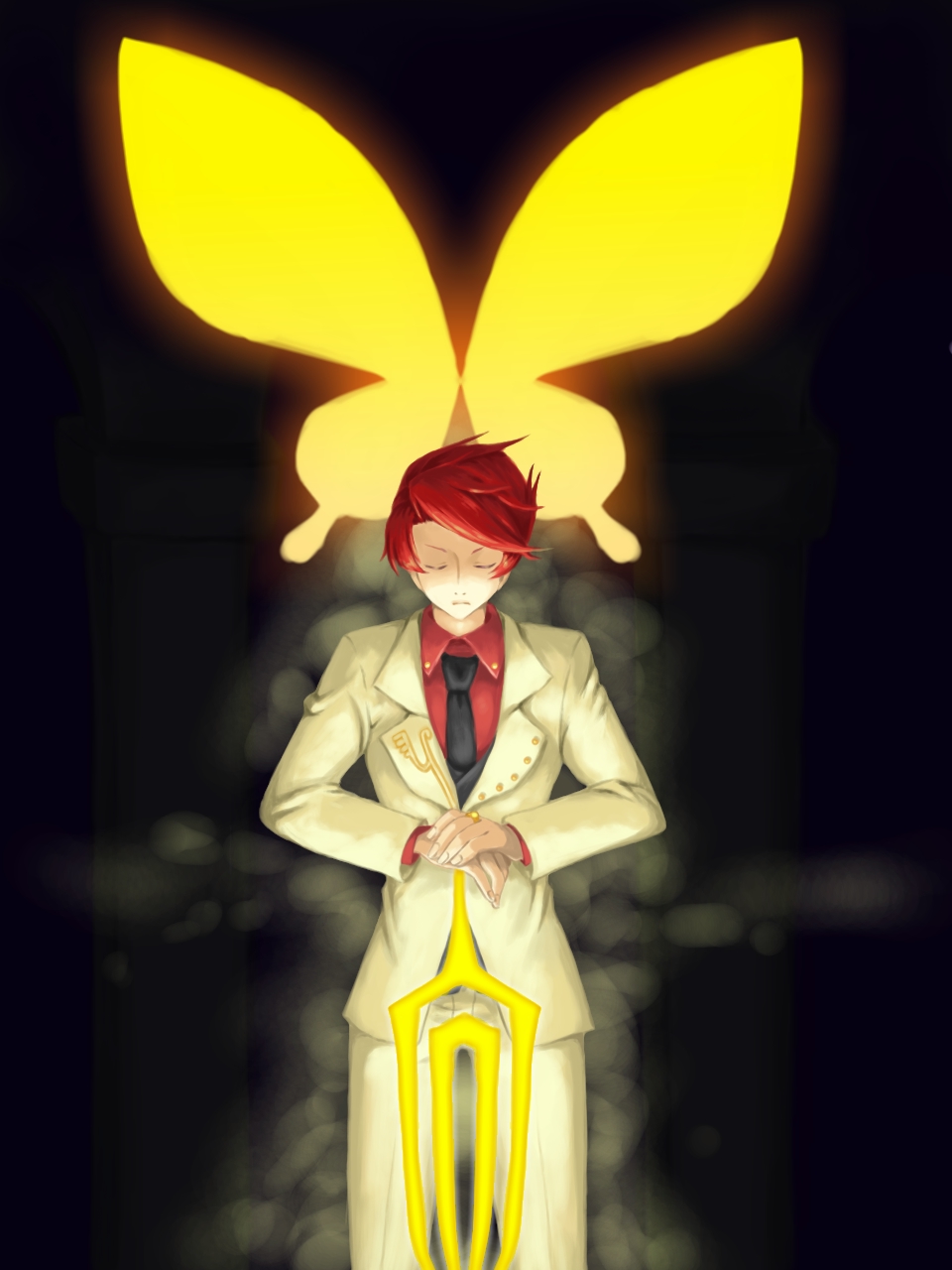 aokiri (dolce), ushiromiya battler, umineko no naku koro ni, bad id, bad pixiv id, highres, 00s, 1boy, bug, butterfly, closed eyes, gradient background, insect, male focus, necktie, red hair, solo
