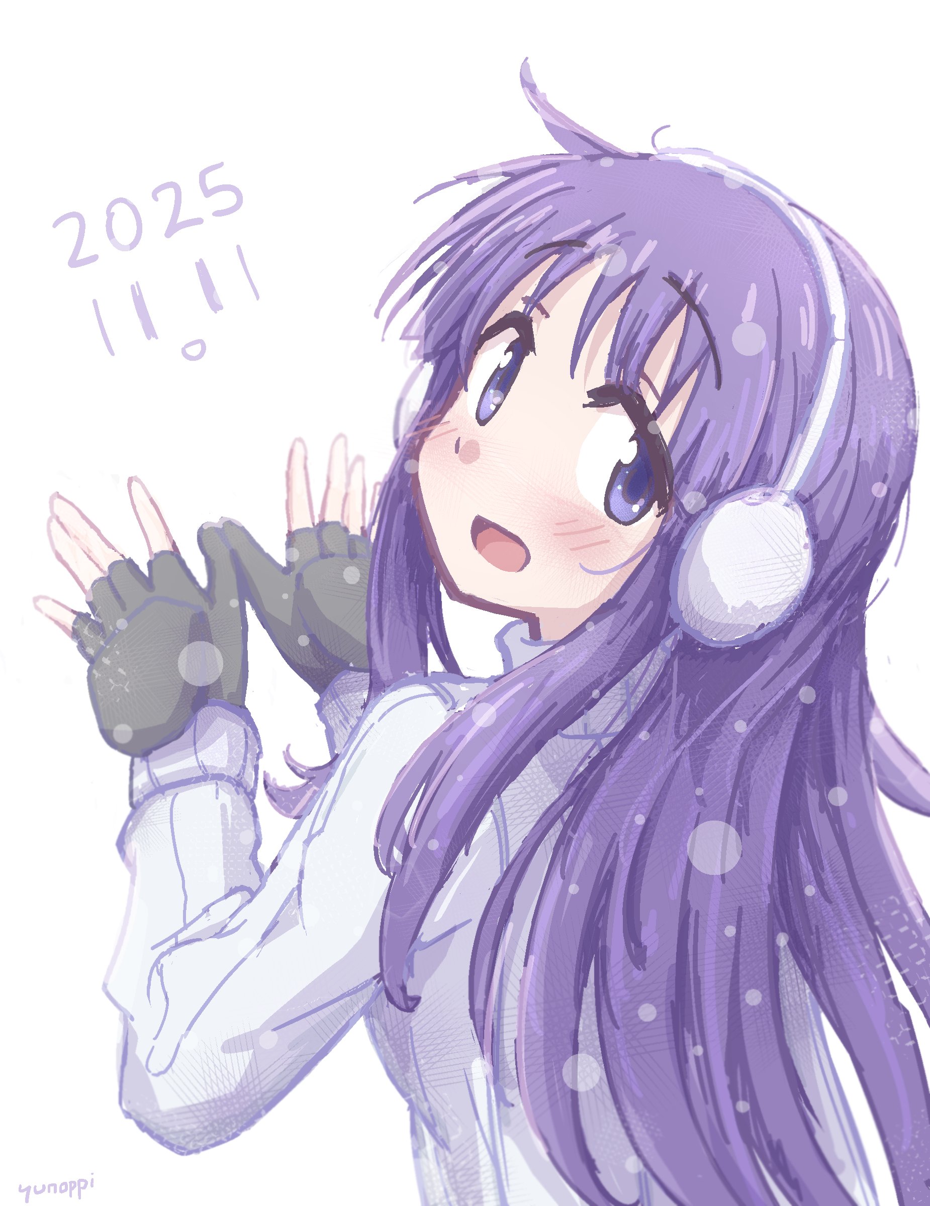 yunoppi, hinata yukari, yuyushiki, absurdres, hashtag-only commentary, highres, 1girl, 2025, artist name, back, black gloves, blush, earmuffs, fingerless gloves, gloves, long hair, purple eyes, purple hair, ribbed sweater, snowing, sweater, turning head, white background, white sweater, winter