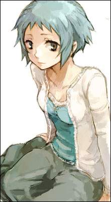 yamagishi fuuka, atlus, persona, persona 3, lowres, aqua hair, casual, short hair, sitting, solo