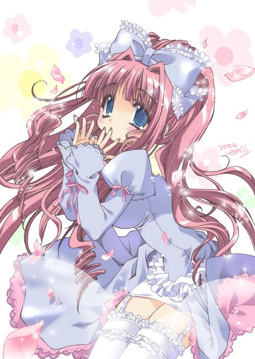 emily (pure dream), source request, 1girl, blue eyes, cowboy shot, dress, female focus, frilled thighhighs, frills, garter straps, hair intakes, hair ribbon, lolita fashion, long hair, red hair, ribbon, solo, sparkle, thighhighs, white thighhighs