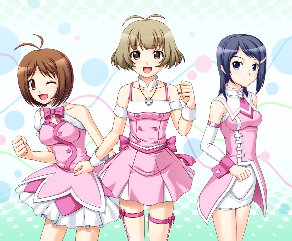 totokichi, akizuki ryo, hidaka ai, mizutani eri, idolmaster, idolmaster dearly stars, bad id, bad pixiv id, 00s, 1boy, 2girls, ahoge, antenna hair, bare shoulders, blue eyes, blue hair, boots, brown eyes, brown hair, cross, crossdressing, cute & girly (idolmaster), hair ornament, hairclip, jewelry, multiple girls, necklace, one eye closed, open mouth, red eyes, short hair, smile, thighhighs, trap, wink