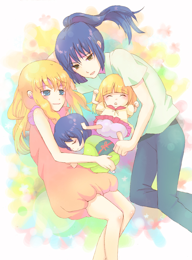 saotome alto, sheryl nome, macross, macross frontier, 00s, 1boy, 1girl, blonde hair, bloomers, blue eyes, blue hair, blush, brown eyes, child, closed eyes, couple, family, good end, hetero, if they mated, japanese clothes, long hair, open mouth, ponytail, short hair, sleeping, smile, underwear