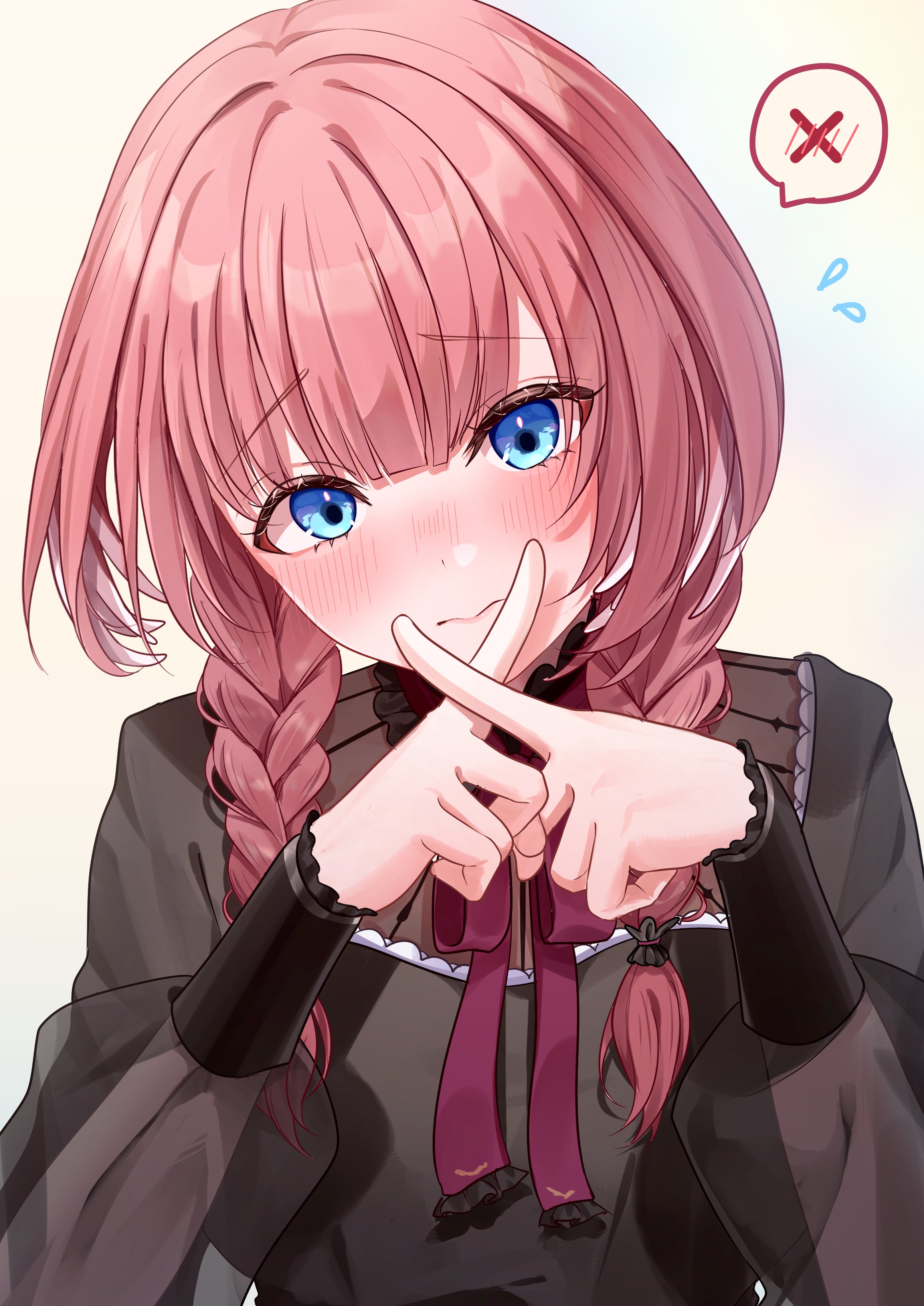 shagaihi, takane lui, takane lui (casual), hololive, absurdres, commentary request, highres, 1girl, black dress, blue eyes, blush, braid, closed mouth, dress, eyelashes, grey background, hands up, long hair, long sleeves, neck ribbon, official alternate costume, pink hair, puffy sleeves, purple ribbon, ribbon, see-through clothes, see-through sleeves, simple background, sleeve cuffs, solo, speech bubble, spoken x, twin braids, upper body, virtual youtuber, x fingers