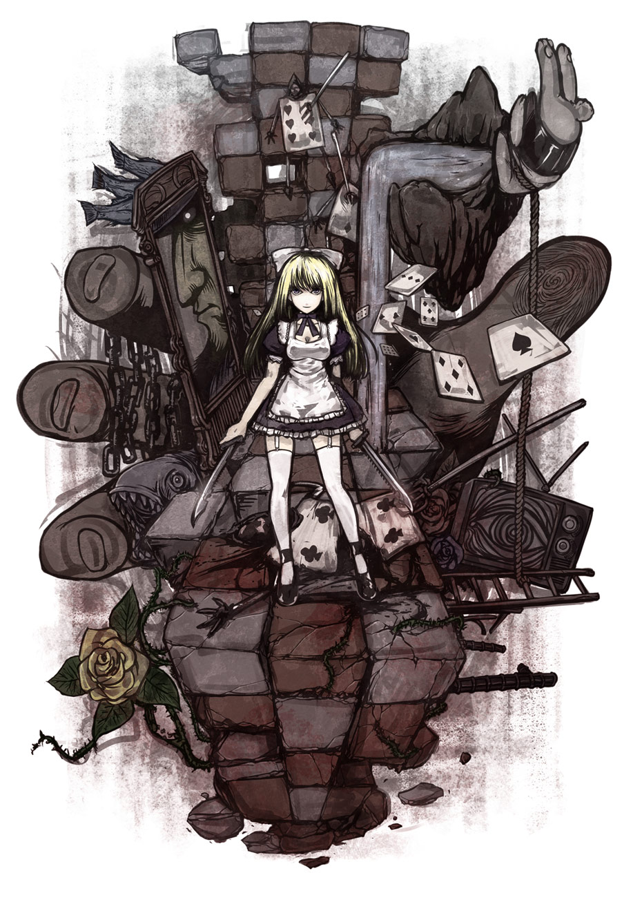 mk (mod0), alice (alice in wonderland), alice's adventures in wonderland, highres, 1girl, blonde hair, bow, card, dual wielding, female focus, fish, floating card, flower, hair bow, holding, knife, legs, long hair, maid, mirror, pitchfork, playing card, solo, spade, surreal, sword, thighhighs, weapon, zettai ryouiki