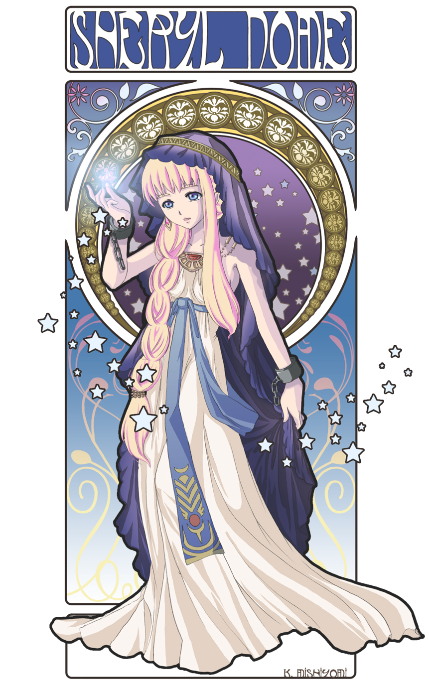 mishiyomi kazumi, sheryl nome, macross, macross frontier, highres, 00s, art nouveau, blue eyes, dress, long hair, pink hair, solo