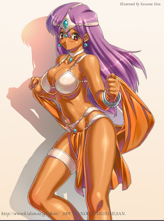uchiu kazuma, manya (dq4), chunsoft, dragon quest, dragon quest iv, enix, 1girl, bracelet, breasts, character name, dark-skinned female, dark skin, dated, earrings, female focus, jewelry, large breasts, loincloth, long hair, pelvic curtain, purple hair, solo, thigh strap, underboob, watermark, web address