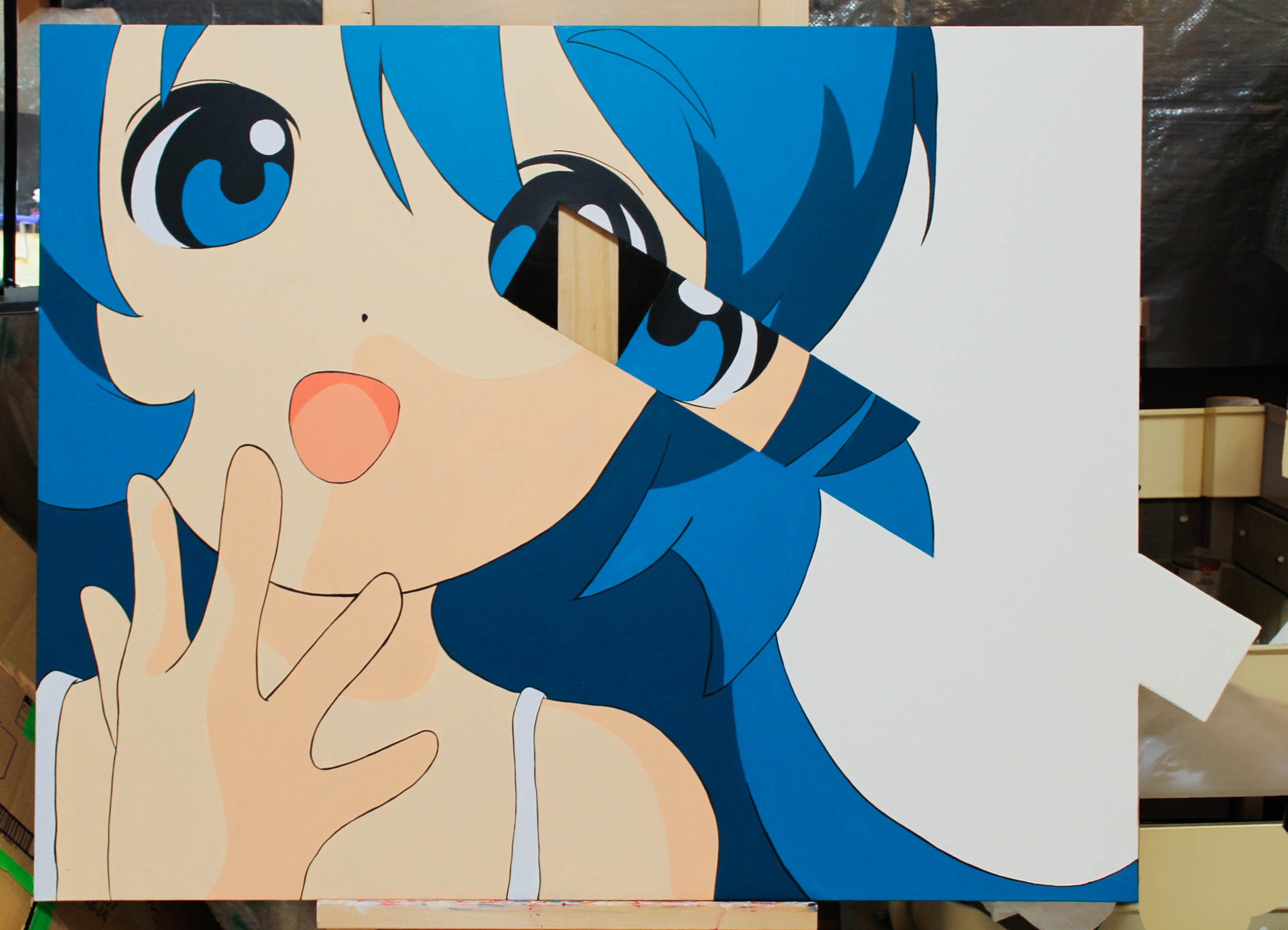 momoe (mme daigaku), original, acrylic paint (medium), highres, painting (medium), traditional media, unconventional media, 1girl, bare shoulders, blue eyes, blue hair, hand up, long hair, looking at viewer, open mouth, portrait, solo, spaghetti strap