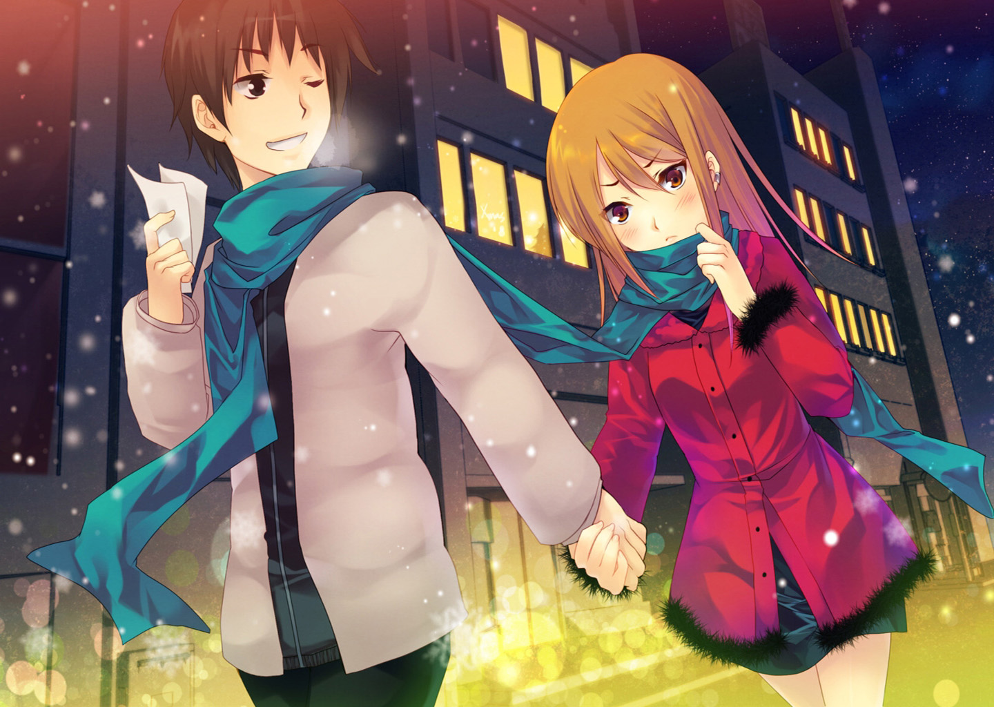 kurosawa kakeru, sugawa maiko, onanie master kurosawa, lights, blush, breath, building, city, earrings, holding hands, jacket, jewelry, night, one eye closed, scarf, smile, snow, wink