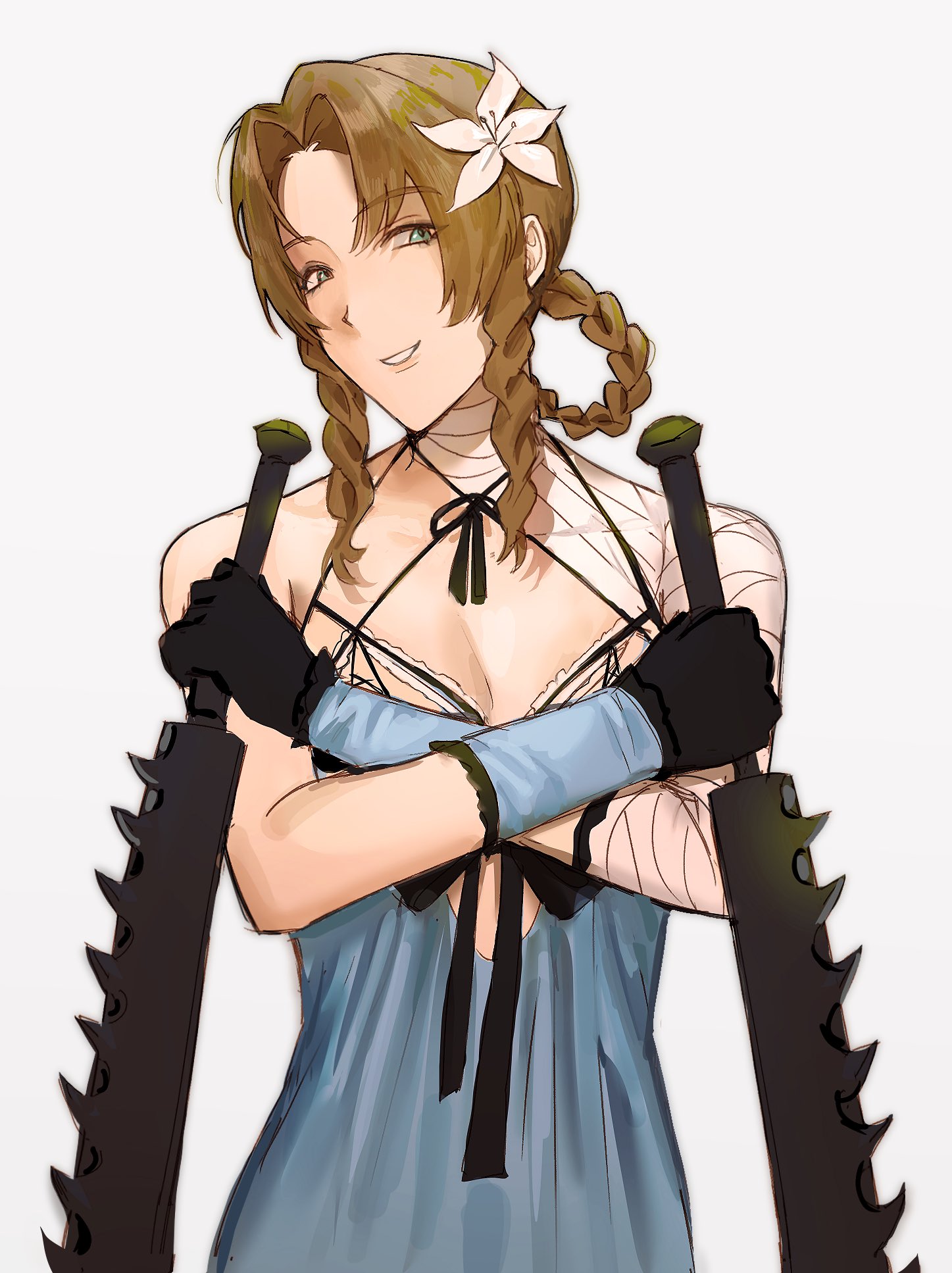 hel 6, aerith gainsborough, kaine (nier), final fantasy, final fantasy vii, final fantasy vii: ever crisis, nier (series), commentary, english commentary, highres, 1girl, bandaged arm, bandaged neck, bandages, black gloves, blue dress, blue negligee, blue sleeves, braid, braided hair rings, breasts, cleavage, cosplay, detached sleeves, dress, dual wielding, flower, gloves, green eyes, grey background, hair flower, hair ornament, hair rings, holding, holding sword, holding weapon, kaine (nier) (cosplay), looking at viewer, medium breasts, official alternate costume, parted bangs, sidelocks, simple background, single bare shoulder, solo, sword, upper body, weapon, white flower
