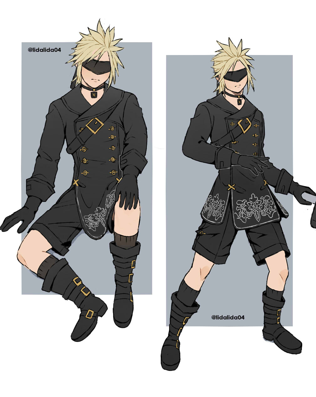 lida (lidalida04), 9s (nier:automata), cloud strife, final fantasy, final fantasy vii, final fantasy vii: ever crisis, commentary, english commentary, highres, 9s (nier:automata) (cosplay), black boots, black choker, black gloves, black jacket, black shorts, black socks, black visor, blindfold, blonde hair, boots, border, buttons, choker, closed mouth, cloud strife (scanner ensemble), cosplay, double-breasted, gloves, gold buttons, grey background, holding, holding sword, holding weapon, jacket, multiple views, pendant choker, short hair, shorts, shoulder belt, socks, spiked hair, standing, sword, twitter username, weapon, white border