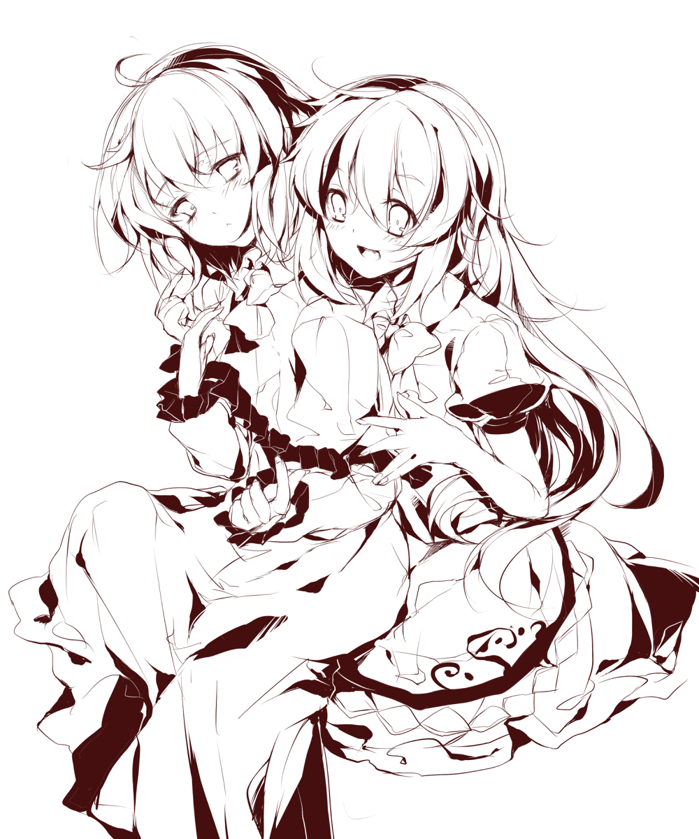 kirero, hinanawi tenshi, nagae iku, touhou, highres, 2girls, :<, ahoge, brown theme, fang, head tilt, monochrome, multiple girls, no headwear, open mouth, sitting, sitting on lap, sitting on person, yuri