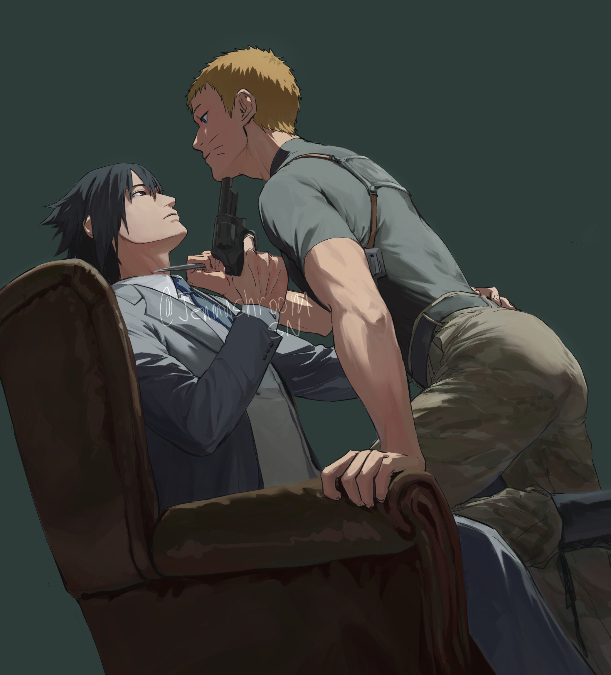 jenmushroom, uchiha sasuke, uzumaki naruto, boruto: naruto next generations, naruto (series), commentary request, highres, 2boys, aiming at another, alternate costume, alternate universe, arm up, belt, black eyes, black hair, blonde hair, blue eyes, brown pants, chair, clothes grab, facial mark, formal clothes, grey pants, grey shirt, grey suit, gun, hand on another's hip, handgun, holding, holding gun, holding weapon, jacket, lapels, layered sleeves, long sleeves, male focus, multiple boys, necktie, necktie grab, neckwear grab, notched lapels, open clothes, open jacket, pants, revolver, shirt, shirt tucked in, short hair, short sleeves, sitting, suit, suit jacket, twitter username, very short hair, weapon, whisker markings, yaoi